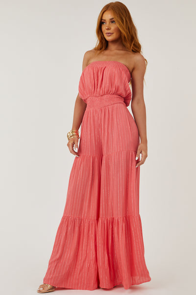 Coral Strapless Wide Leg Lurex Jumpsuit