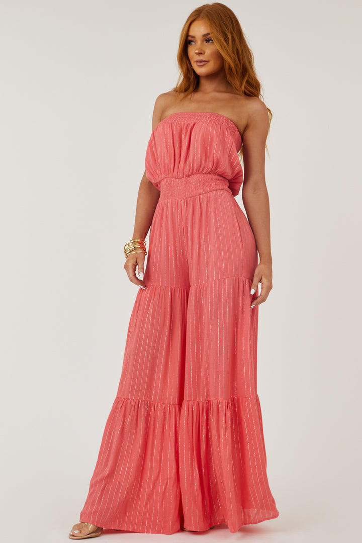 Coral Strapless Wide Leg Lurex Jumpsuit