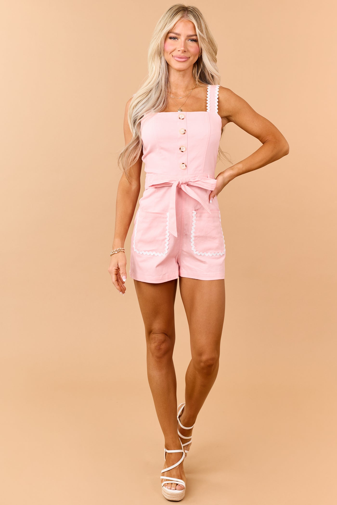 Coral Stretchy Denim Contrast Trim Sleeveless Romper