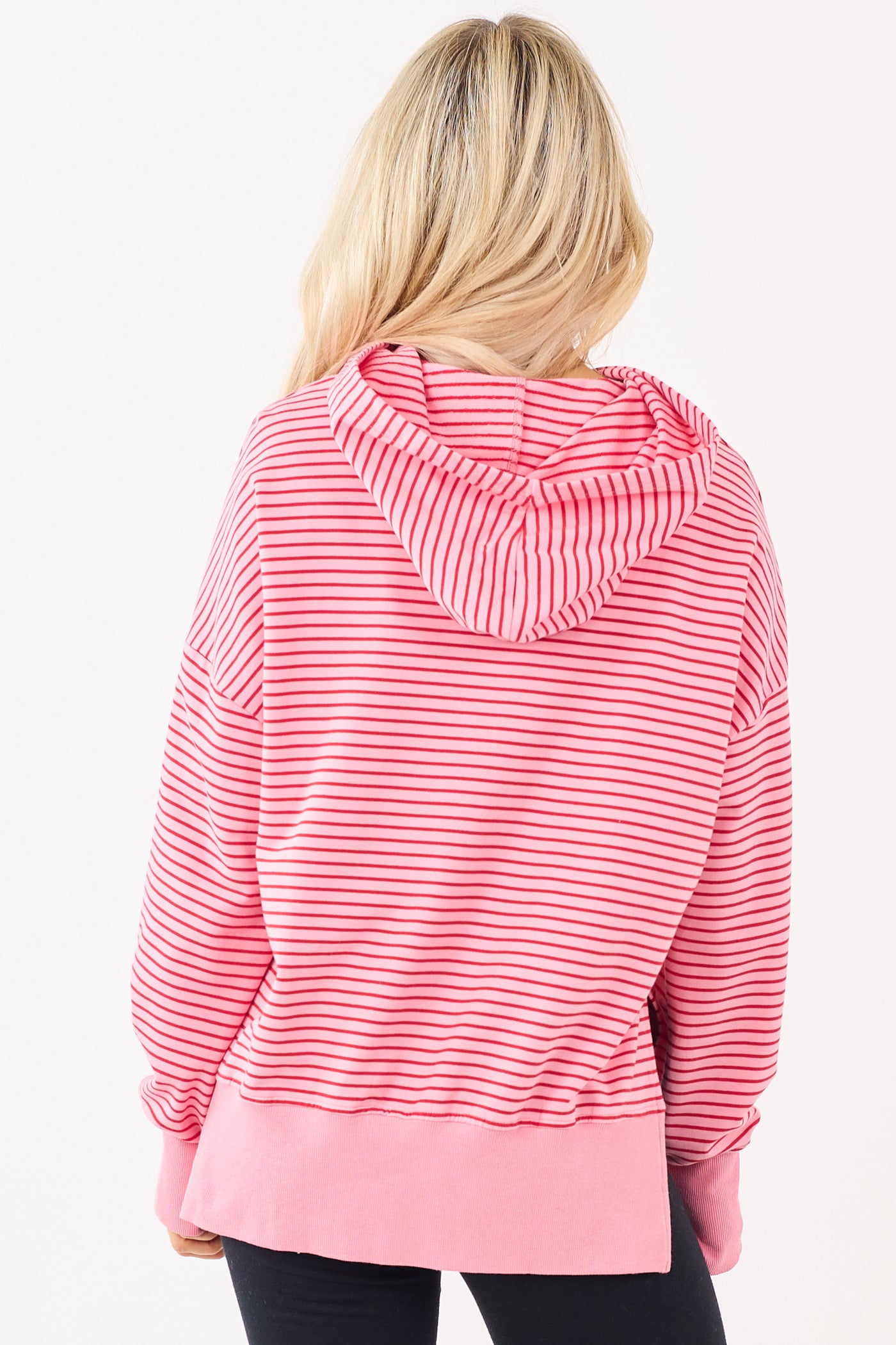 Coral Striped Ribbed Trim Side Slit Relaxed Hoodie