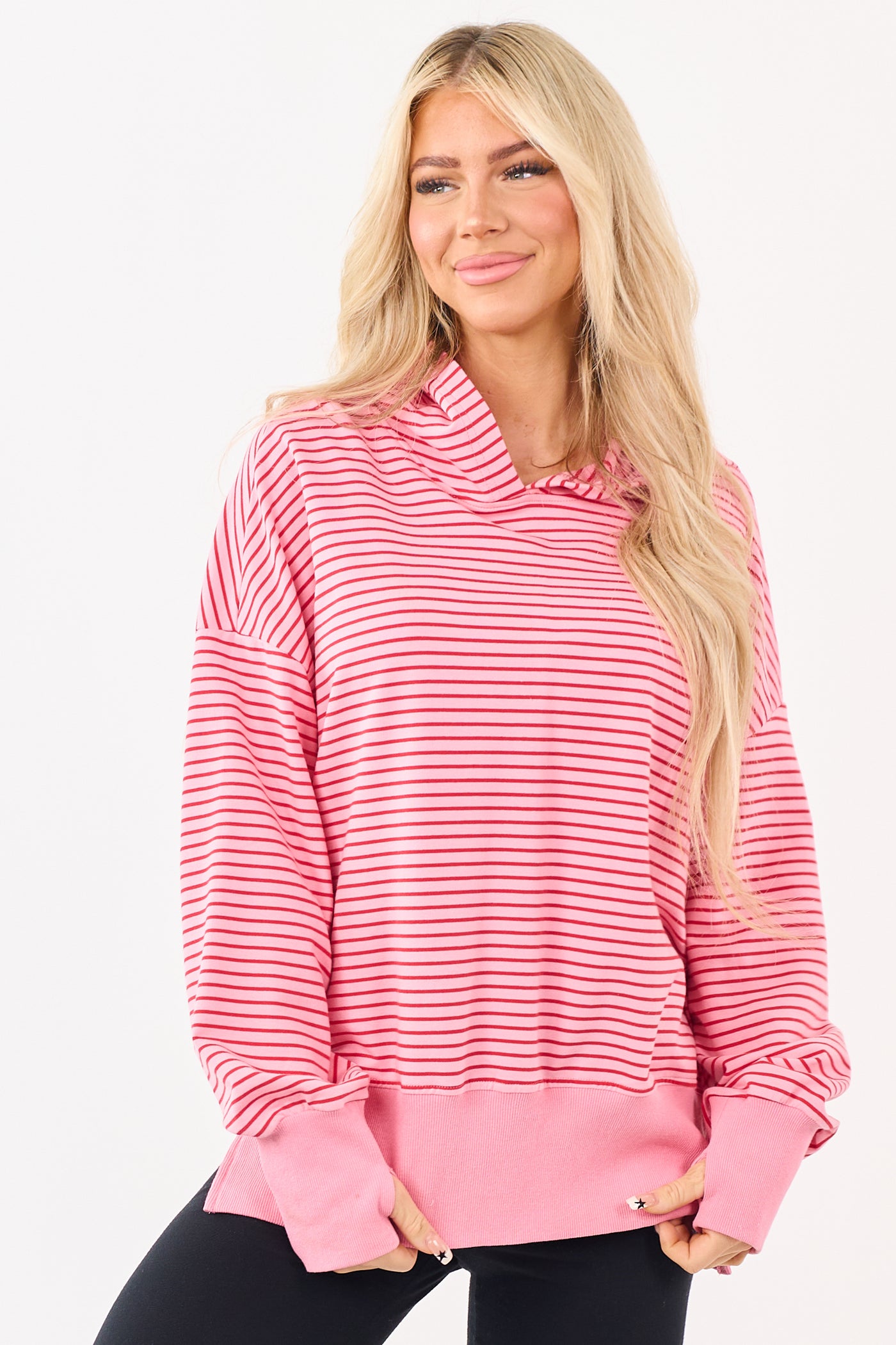 Coral Striped Ribbed Trim Side Slit Relaxed Hoodie