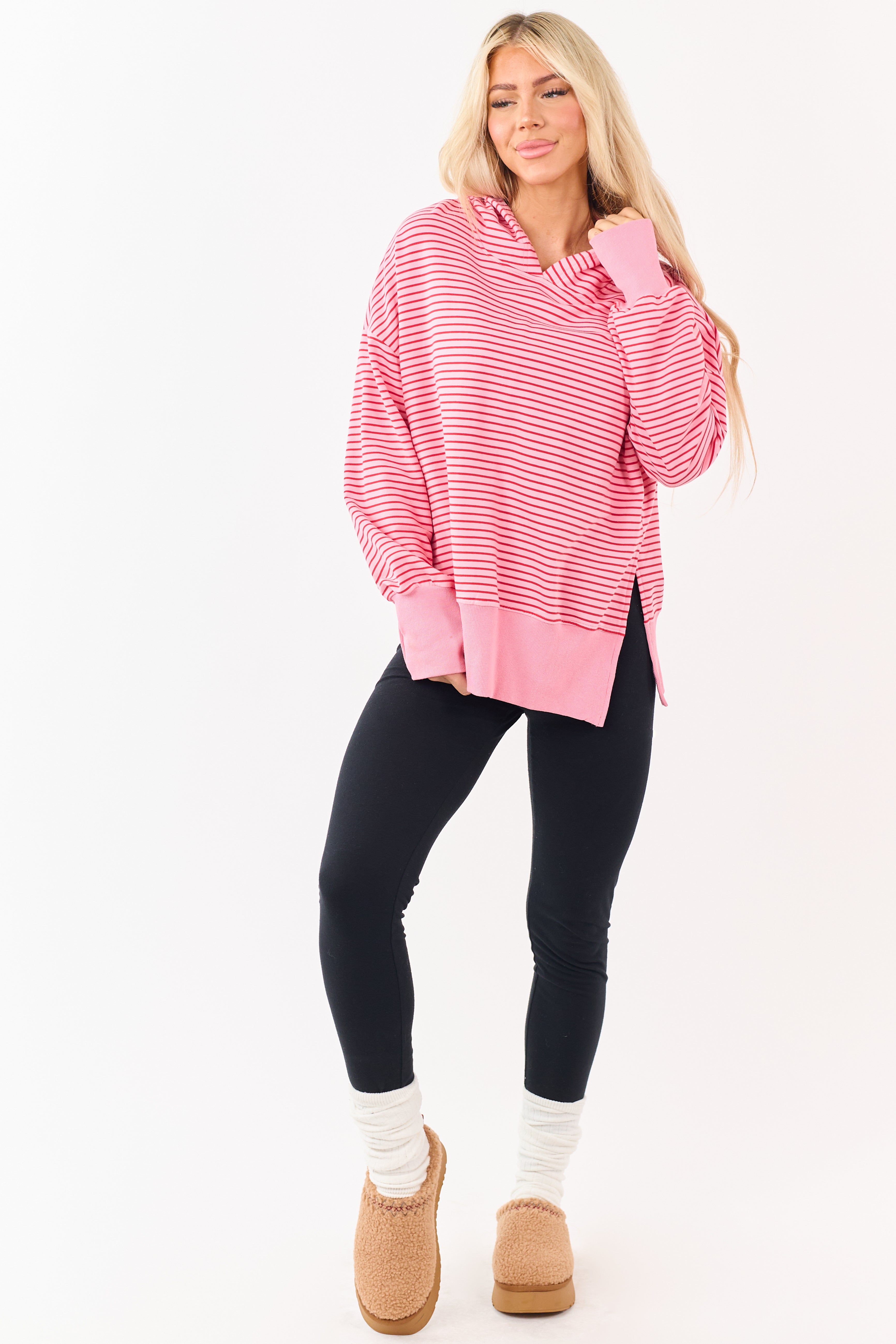 Coral Striped Ribbed Trim Side Slit Relaxed Hoodie