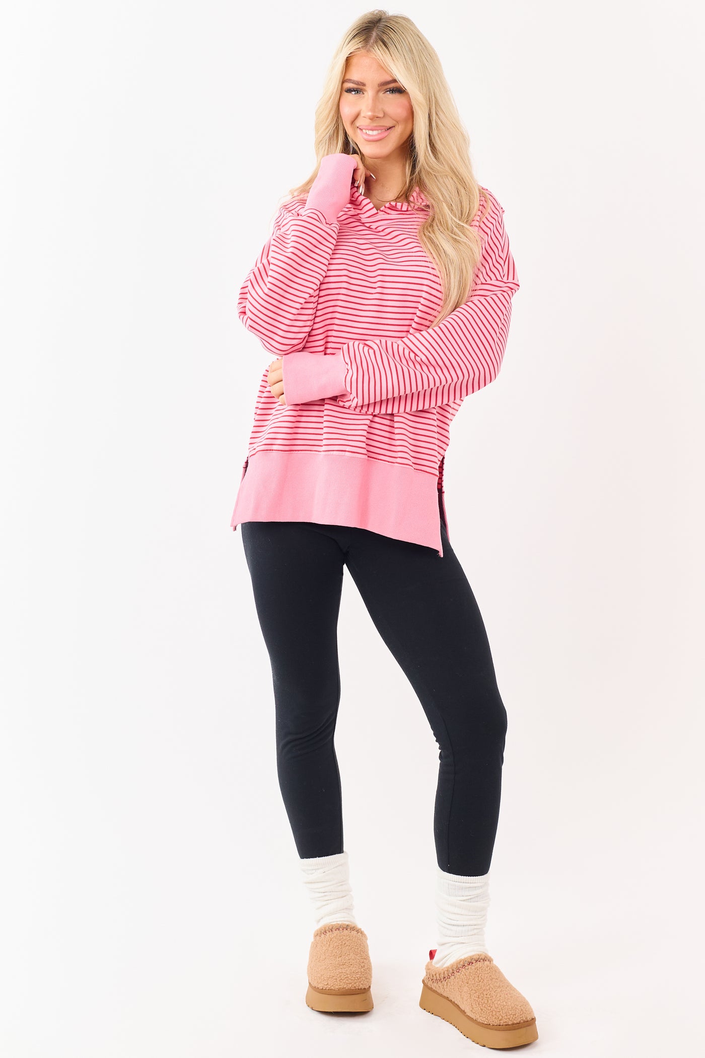 Coral Striped Ribbed Trim Side Slit Relaxed Hoodie