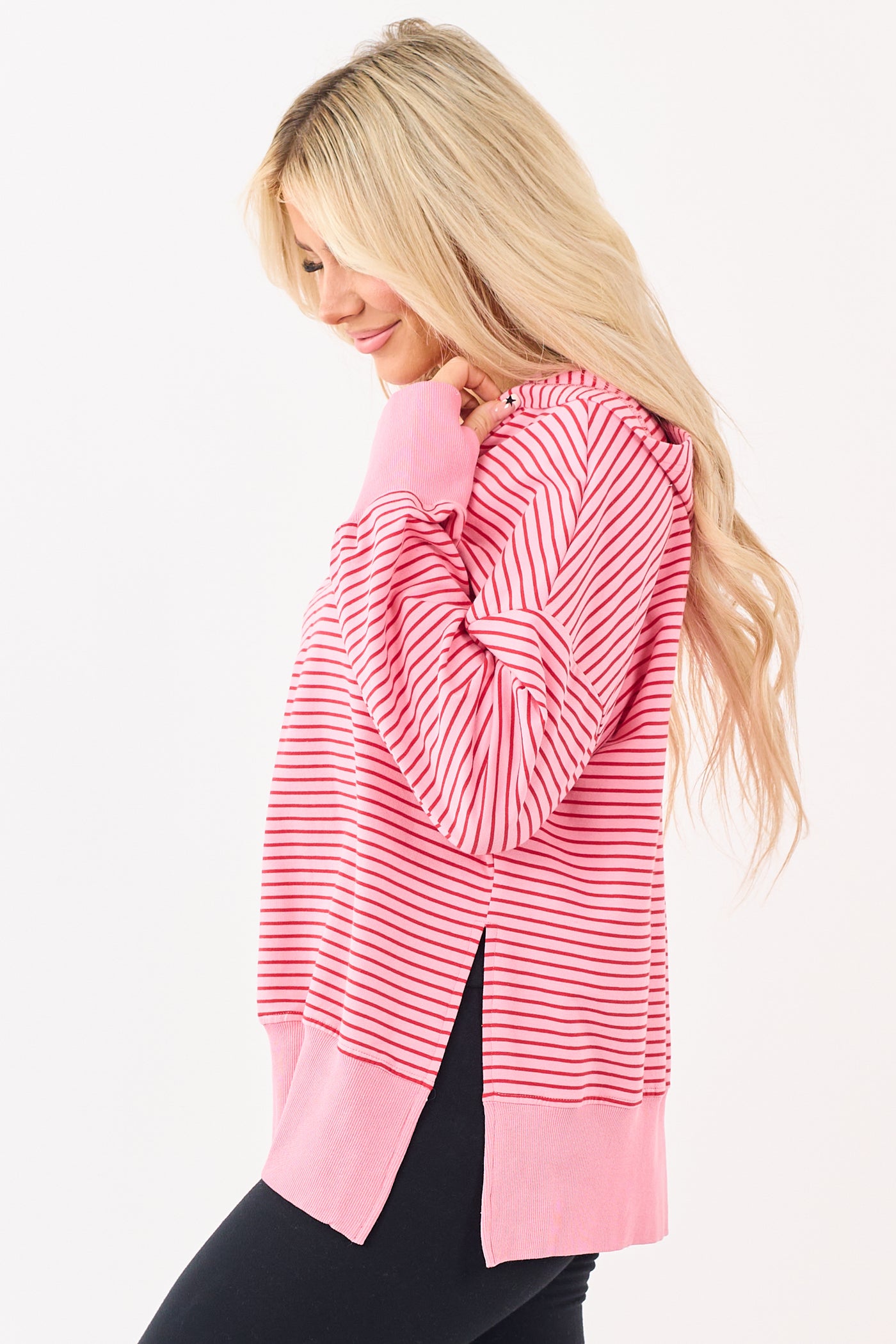 Coral Striped Ribbed Trim Side Slit Relaxed Hoodie