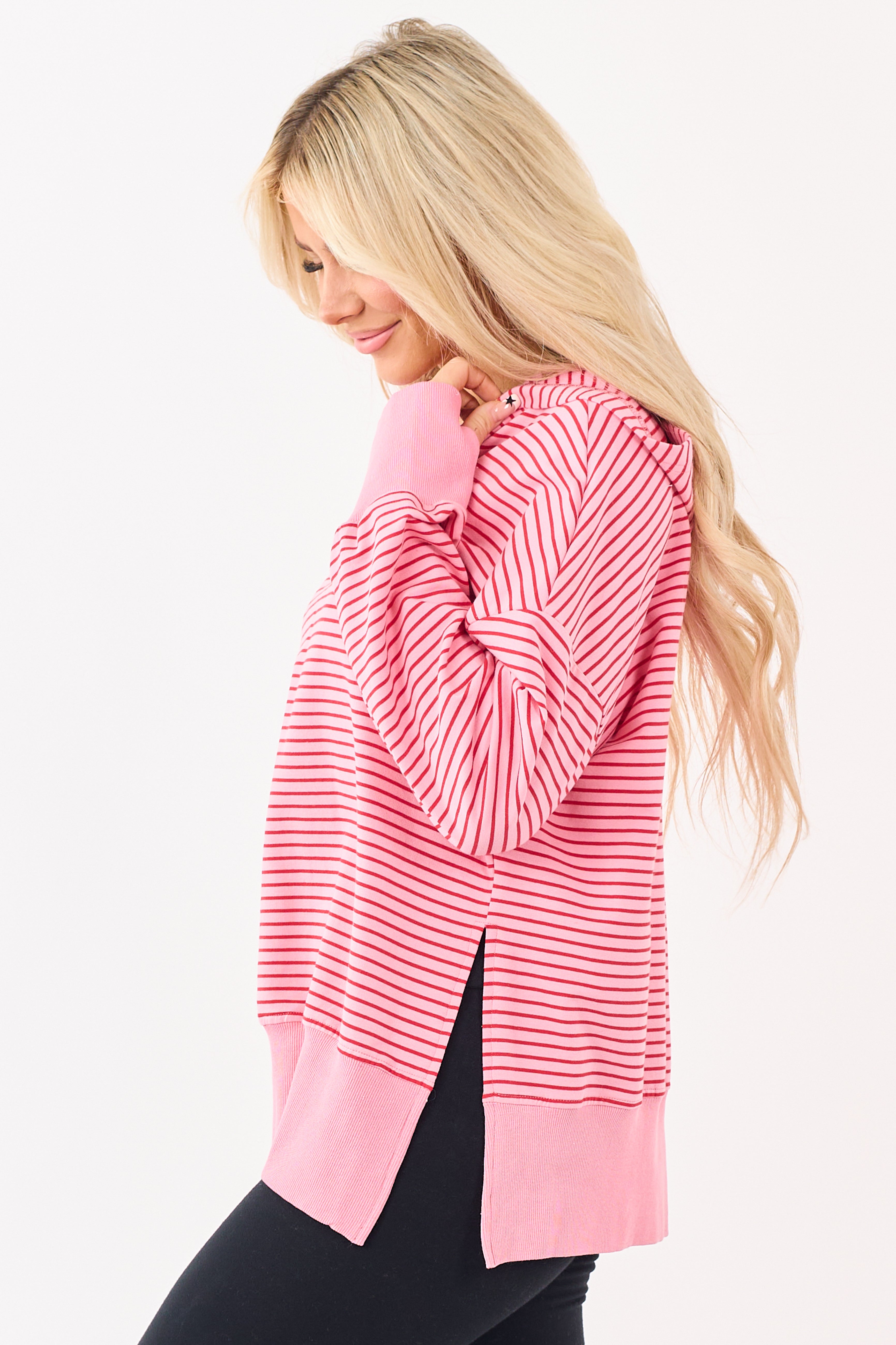 Coral Striped Ribbed Trim Side Slit Relaxed Hoodie