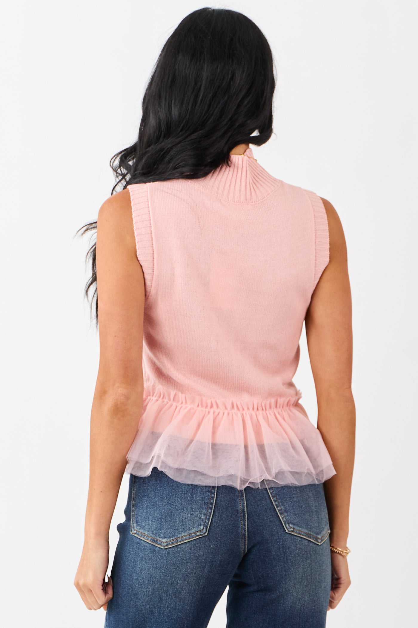 Coral Tulle Ruffle Hem Mock Neck Sweater Tank