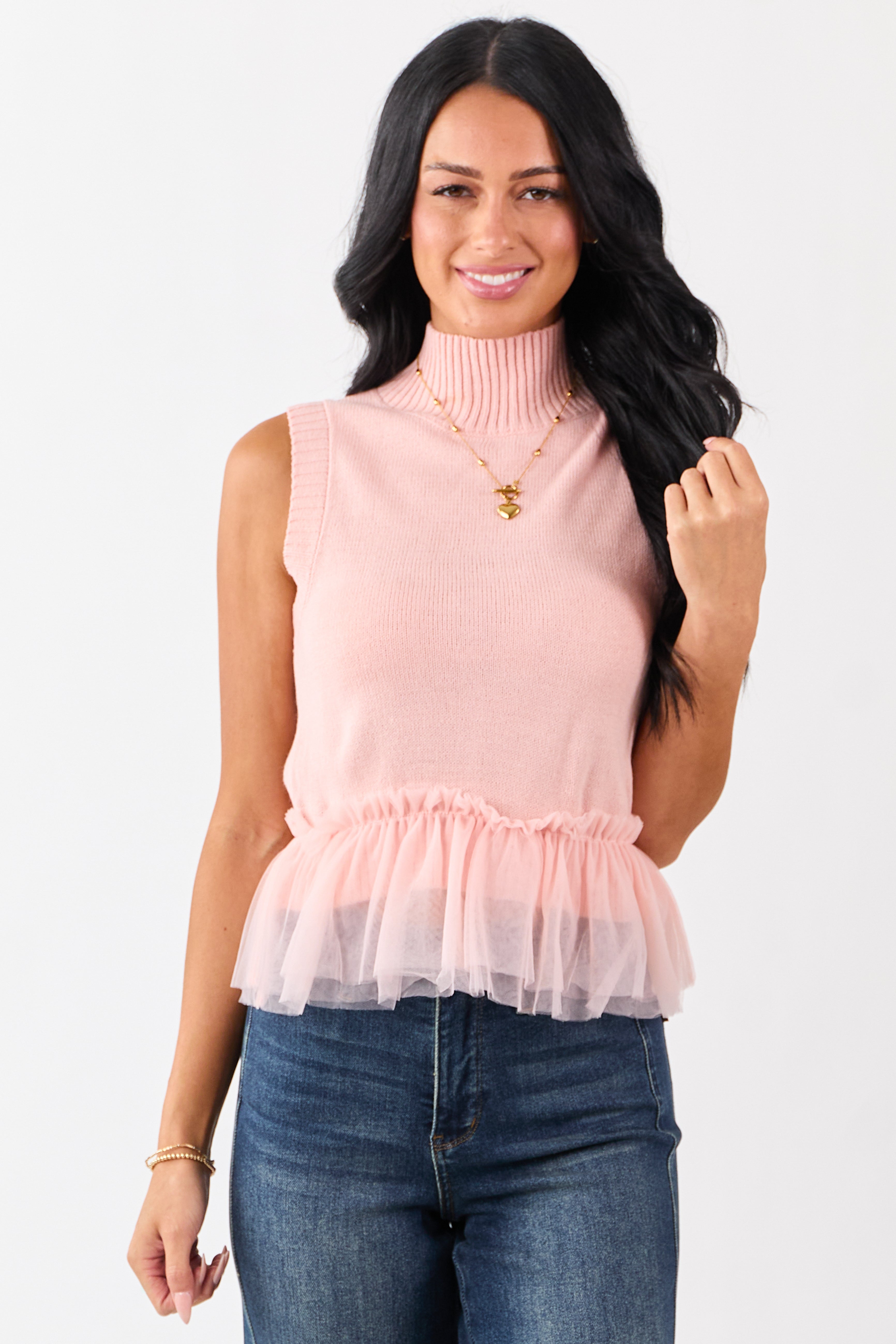 Coral Tulle Ruffle Hem Mock Neck Sweater Tank | Lime Lush Boutique