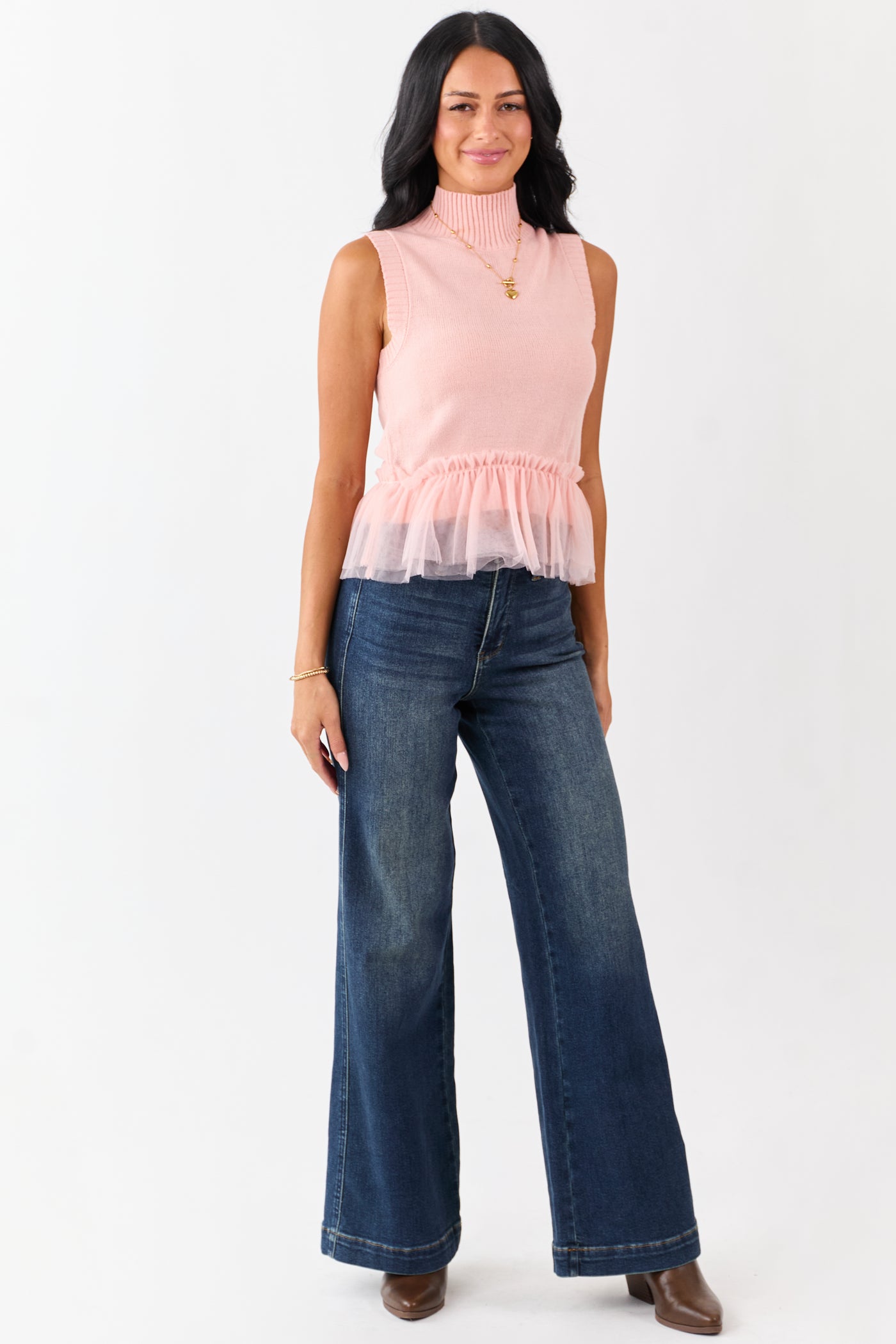 Coral Tulle Ruffle Hem Mock Neck Sweater Tank