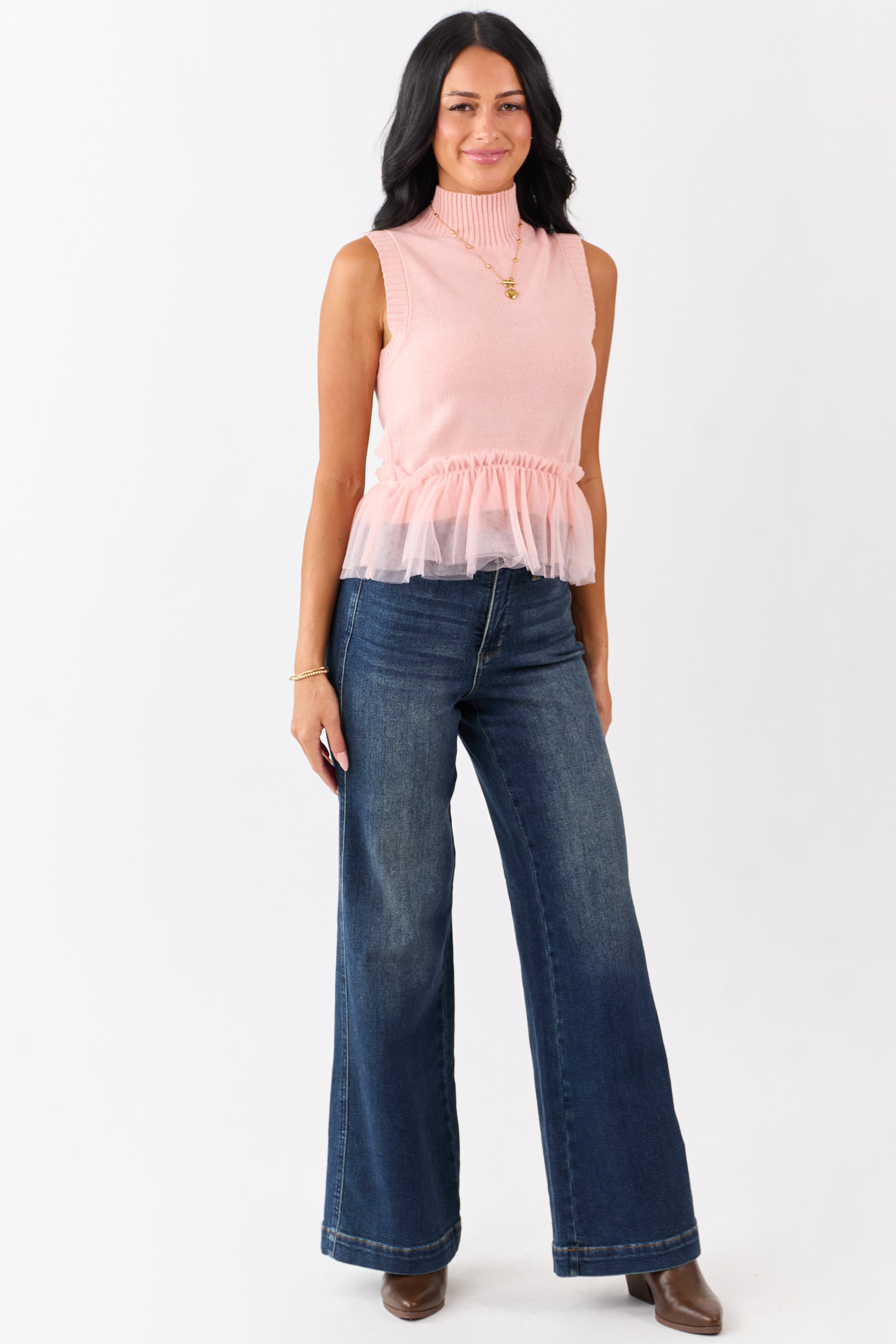 Coral Tulle Ruffle Hem Mock Neck Sweater Tank