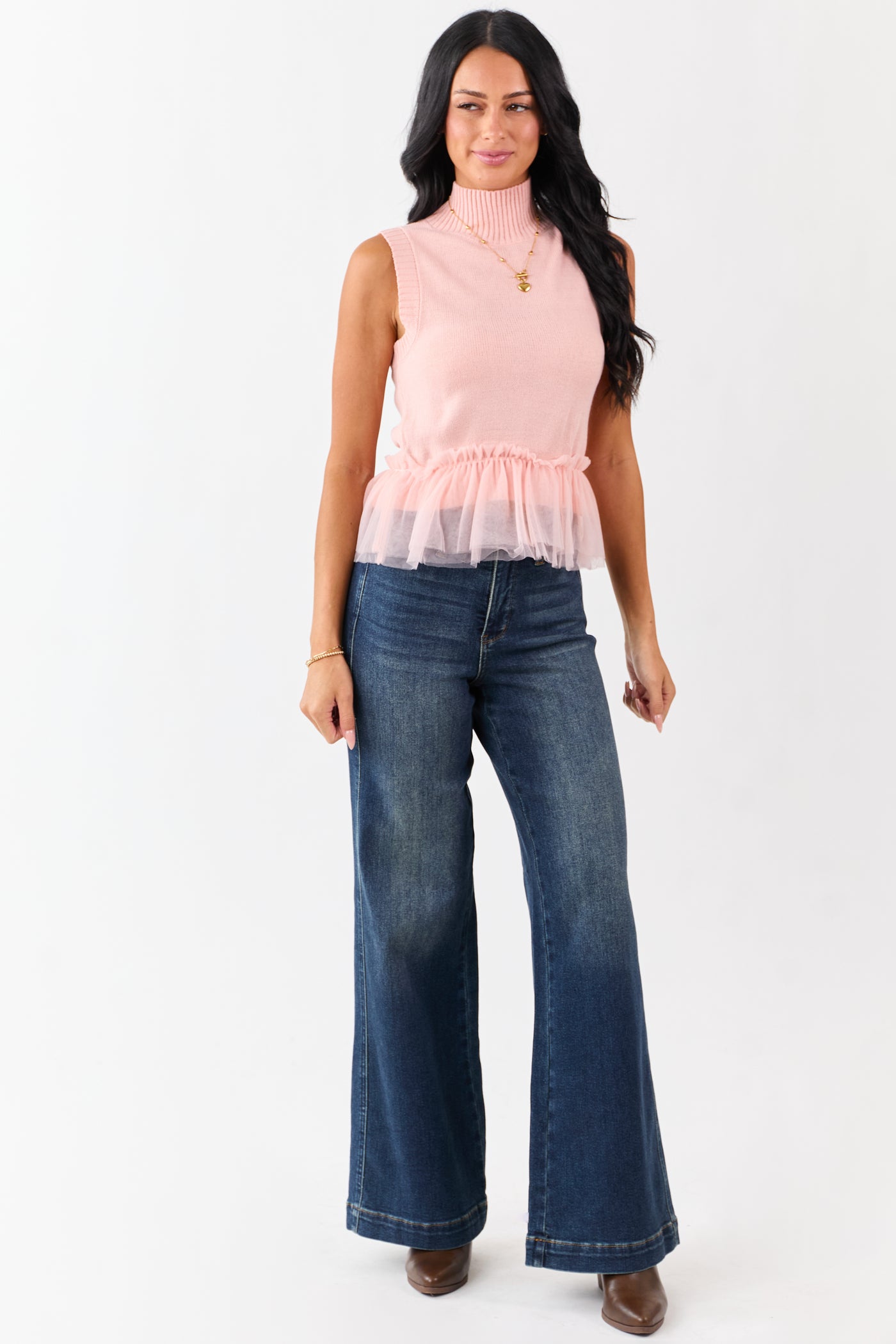 Coral Tulle Ruffle Hem Mock Neck Sweater Tank