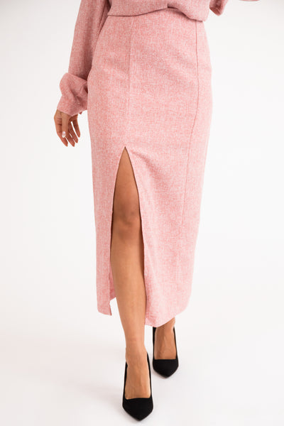 Coral Tweed Knee Slit Midi Skirt