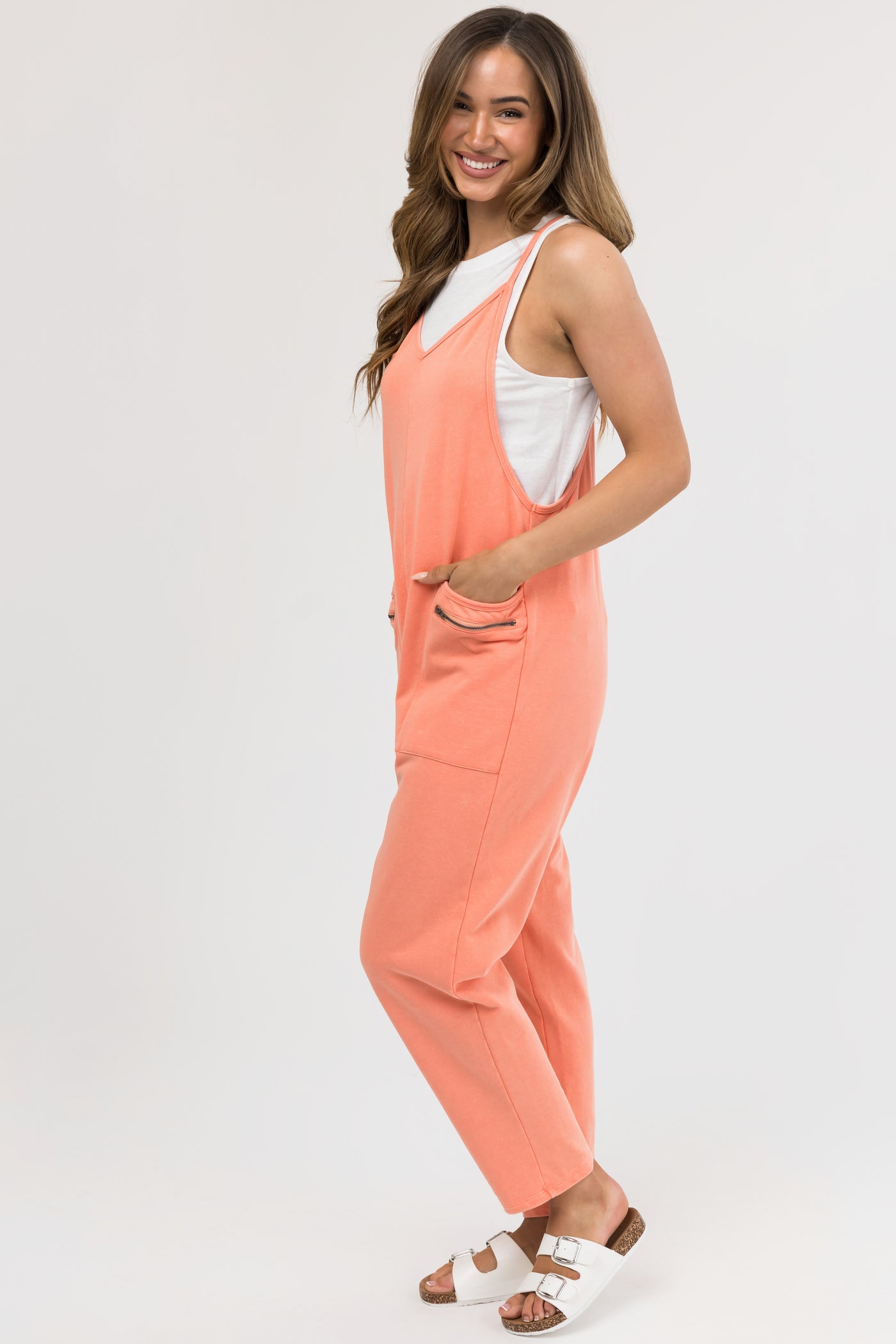 Coral Washed Sleeveless Relaxed Fit Jumpsuit