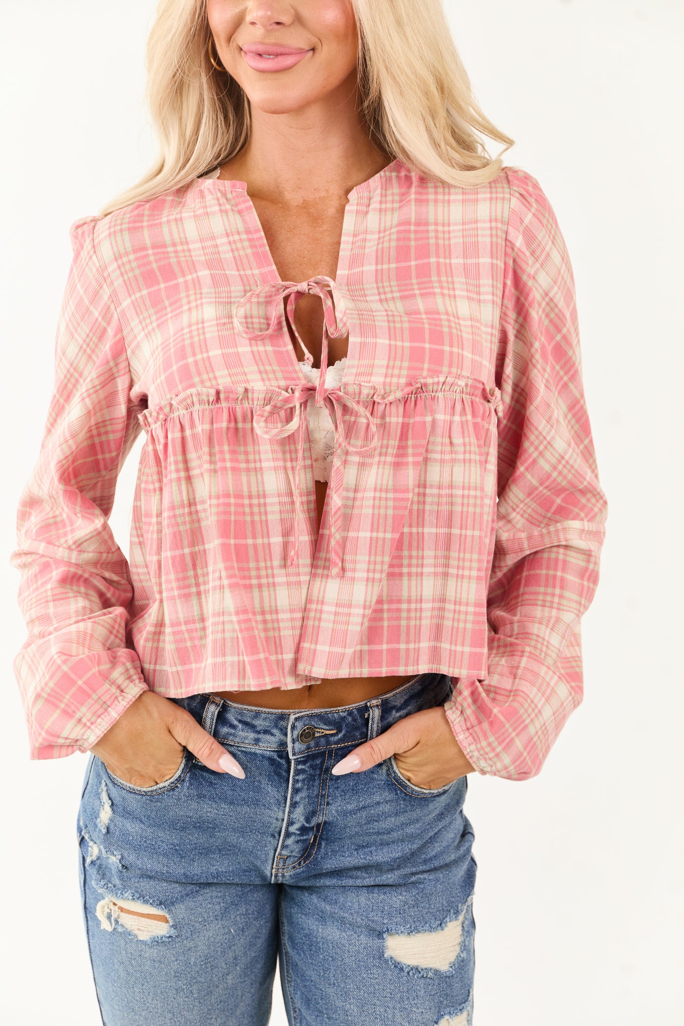 Coral and Cream Plaid Long Sleeve Cotton Top