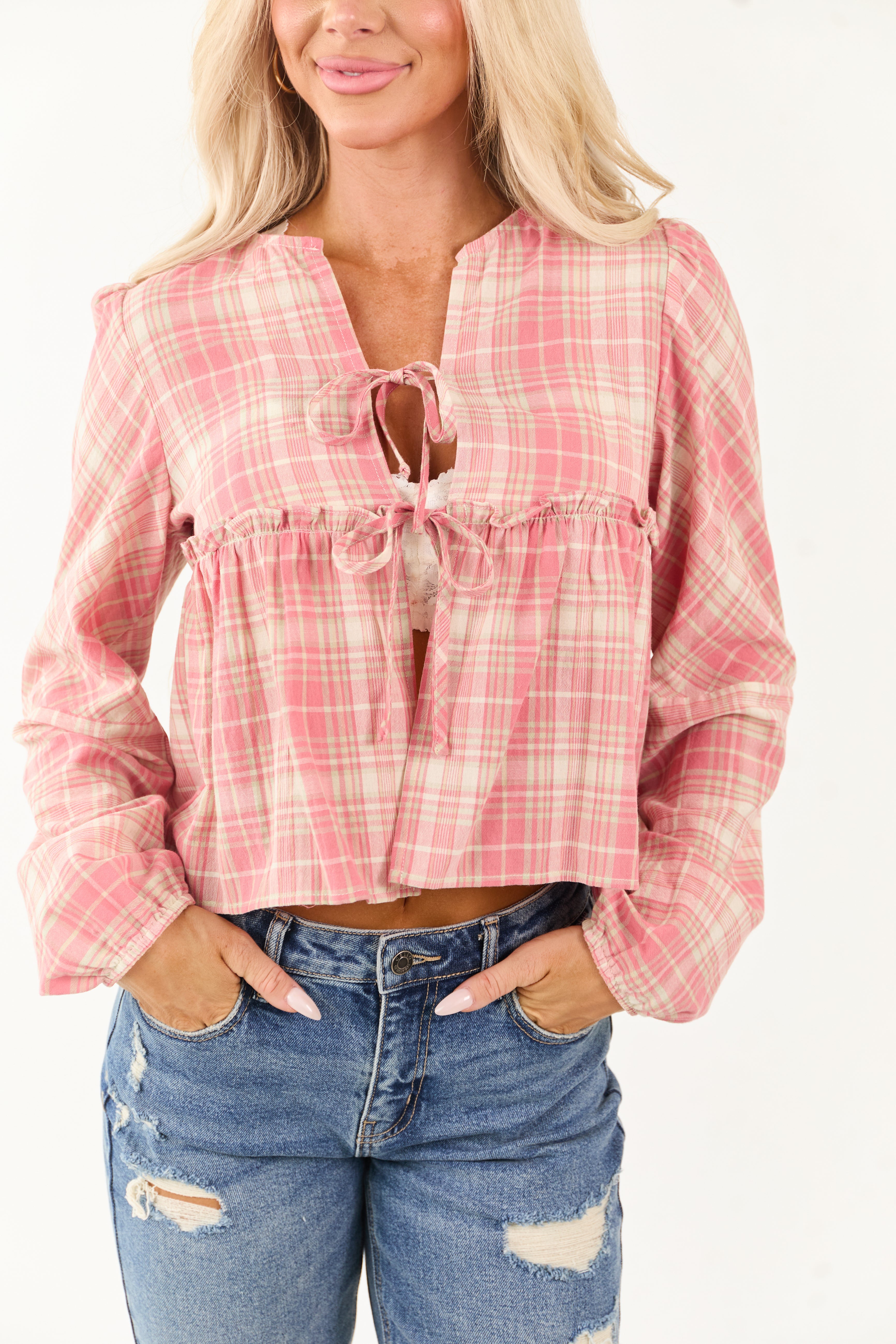 Coral and Cream Plaid Long Sleeve Cotton Top