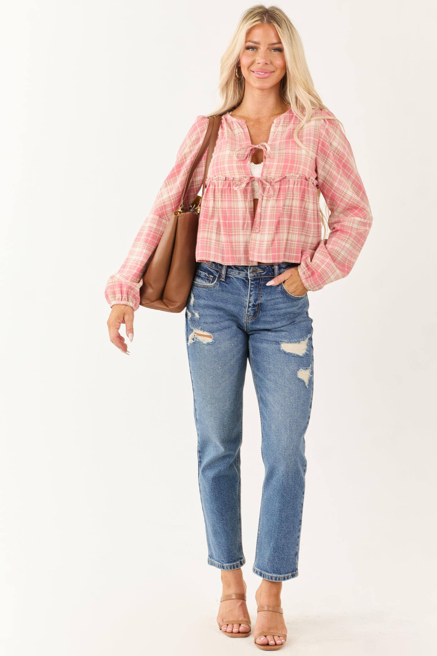 Coral and Cream Plaid Long Sleeve Cotton Top