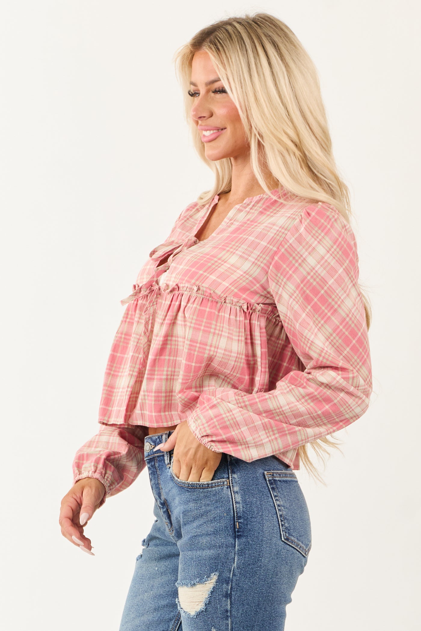 Coral and Cream Plaid Long Sleeve Cotton Top