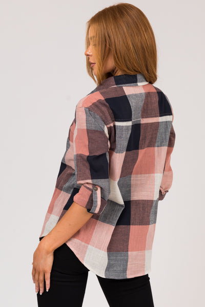 Coral and Navy Plaid Button Down Woven Top