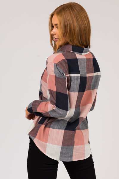Coral and Navy Plaid Button Down Woven Top