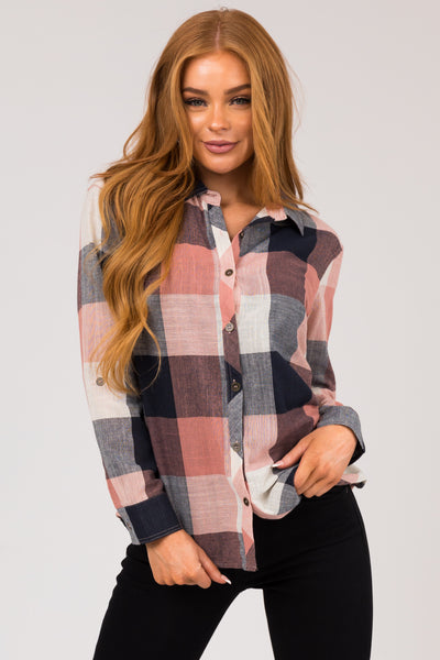 Coral and Navy Plaid Button Down Woven Top