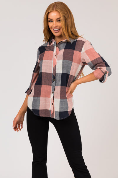 Coral and Navy Plaid Button Down Woven Top