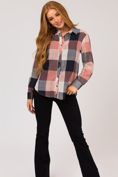 Coral and Navy Plaid Button Down Woven Top