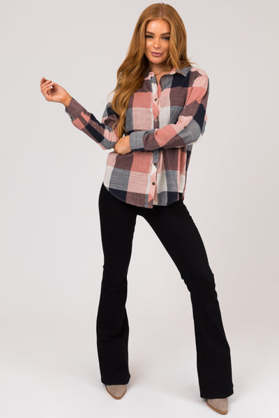 Coral and Navy Plaid Button Down Woven Top