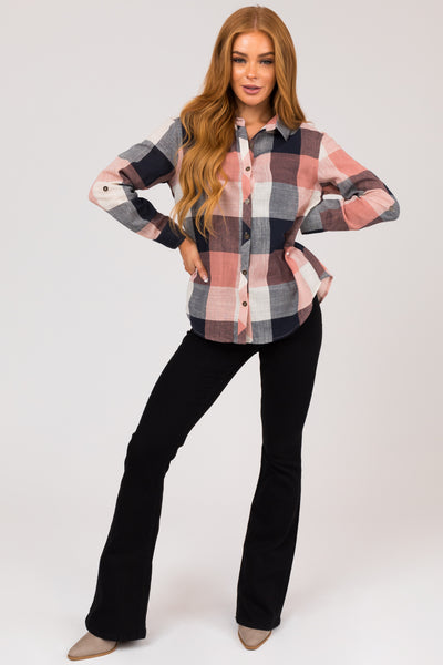 Coral and Navy Plaid Button Down Woven Top