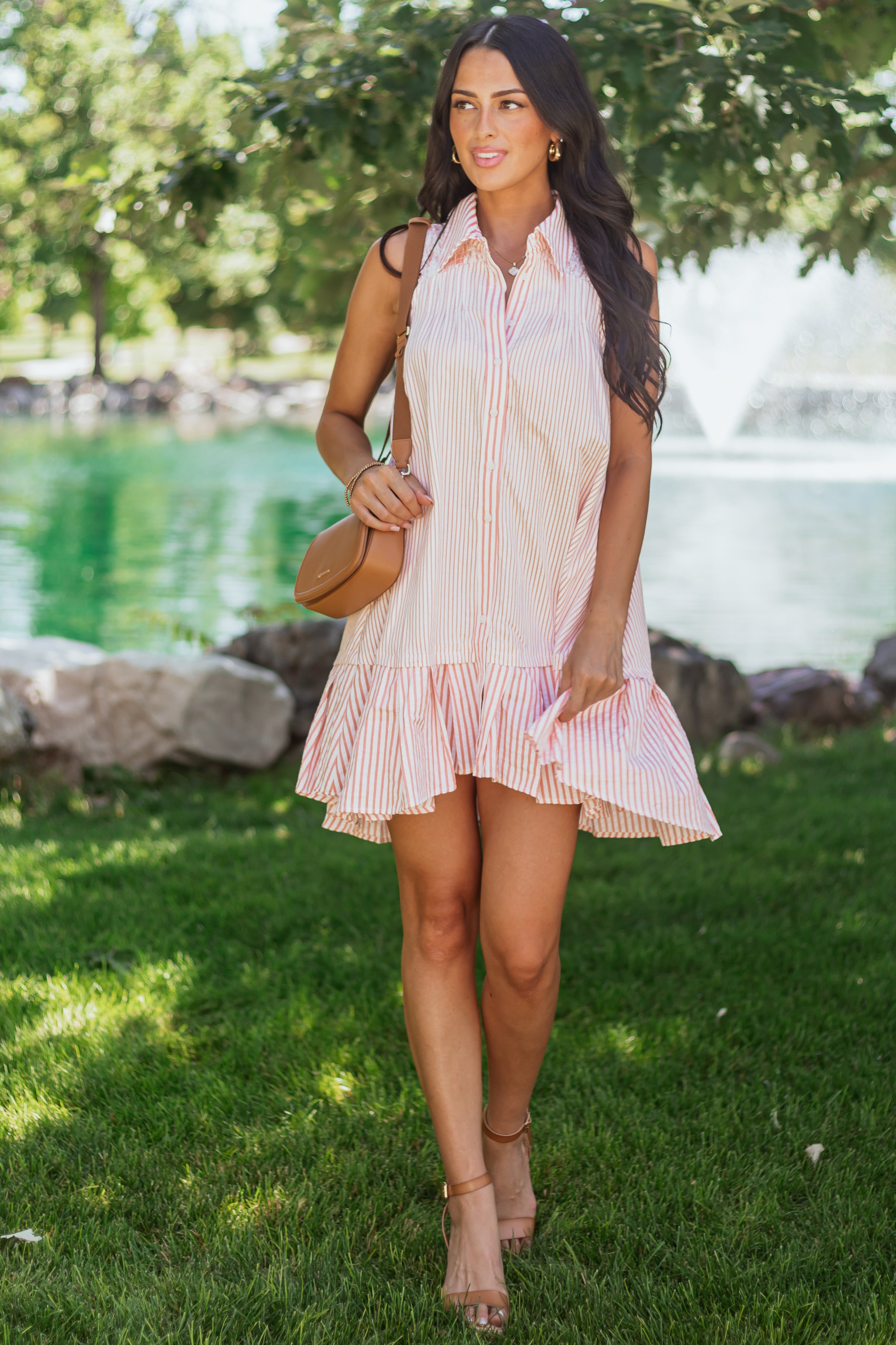 Coral and Off White Striped Sleeveless Mini Dress