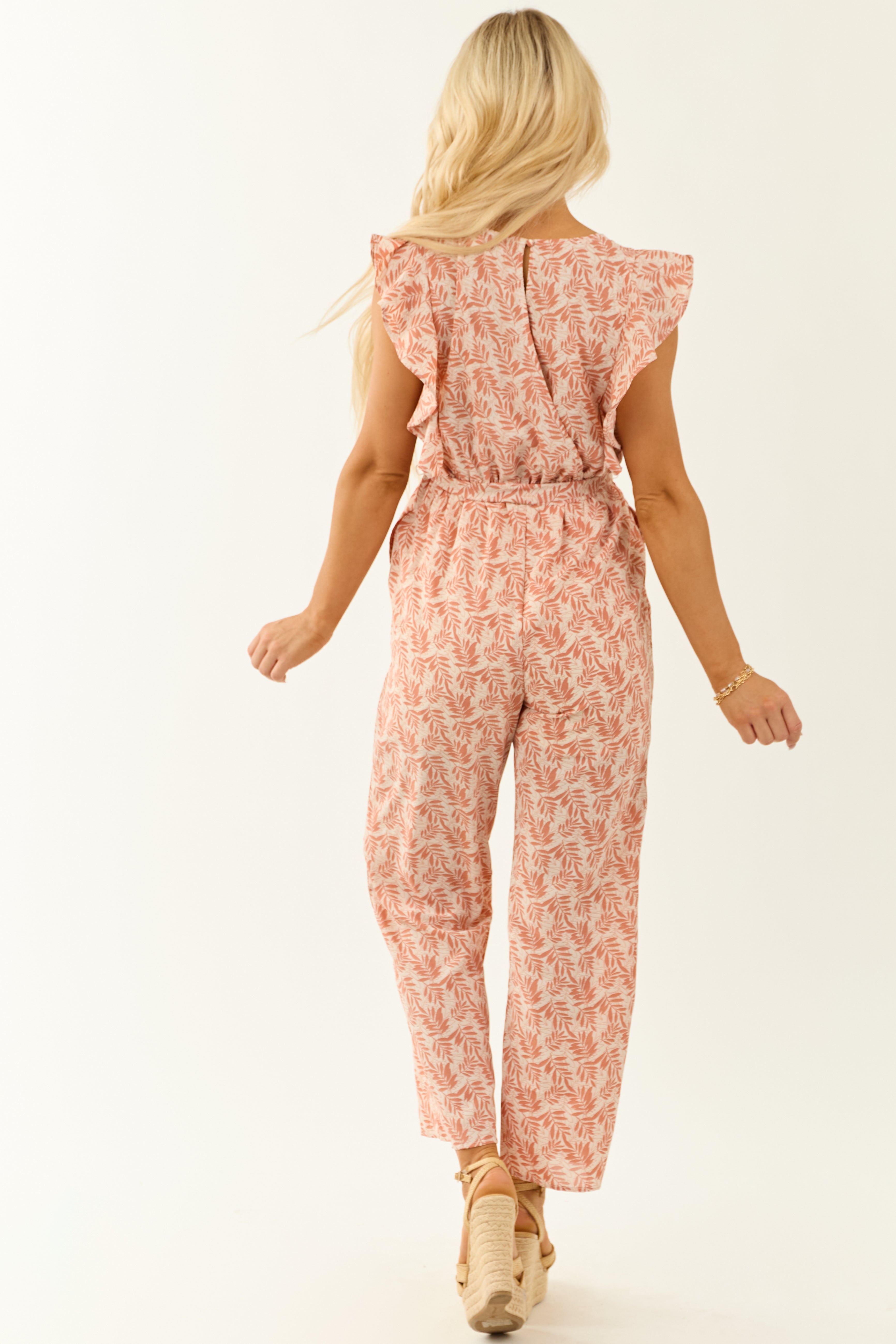 Coral and White Floral Print Ruffle Sleeve Jumpsuit