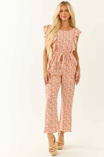 Coral and White Floral Print Ruffle Sleeve Jumpsuit
