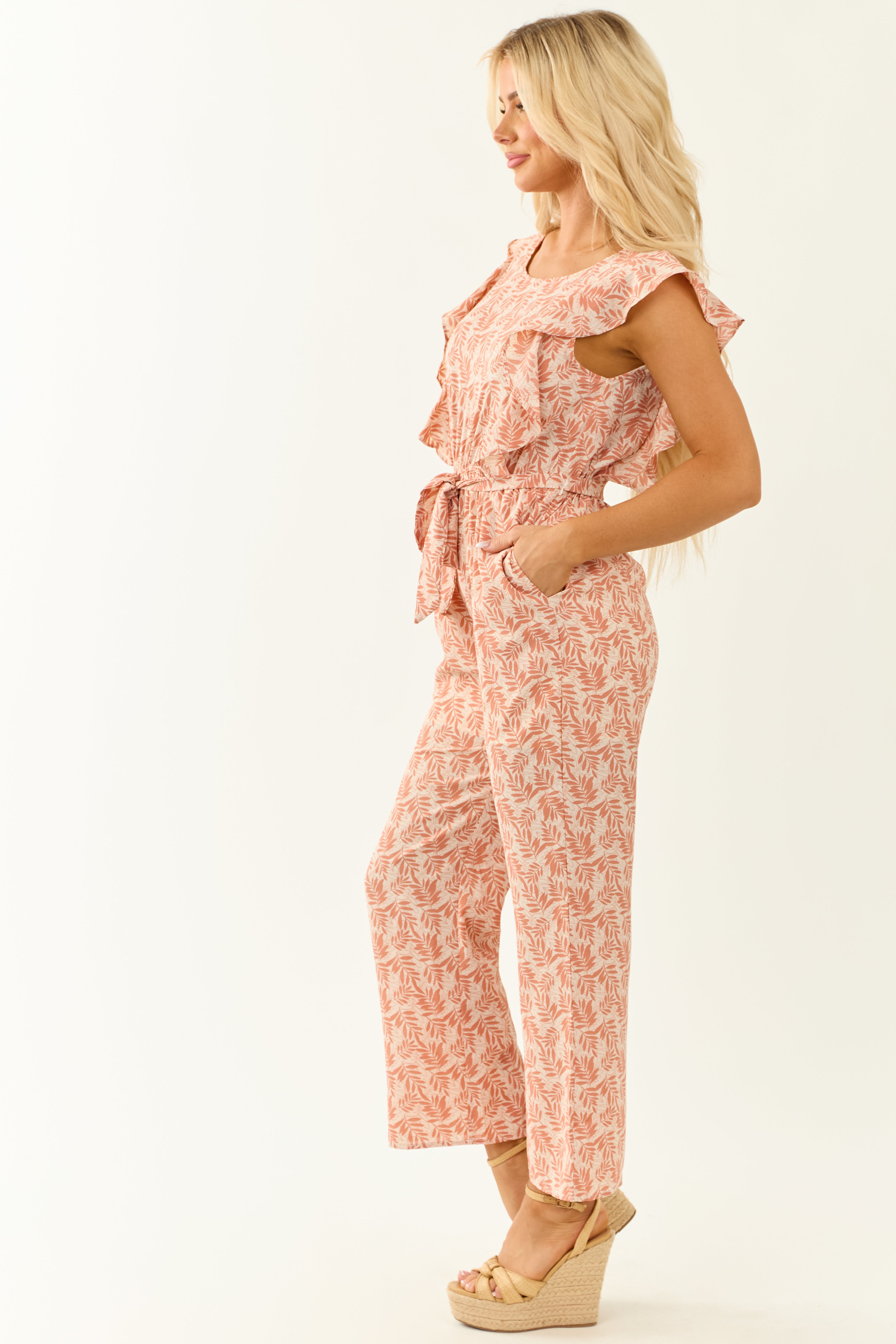 Coral and White Floral Print Ruffle Sleeve Jumpsuit