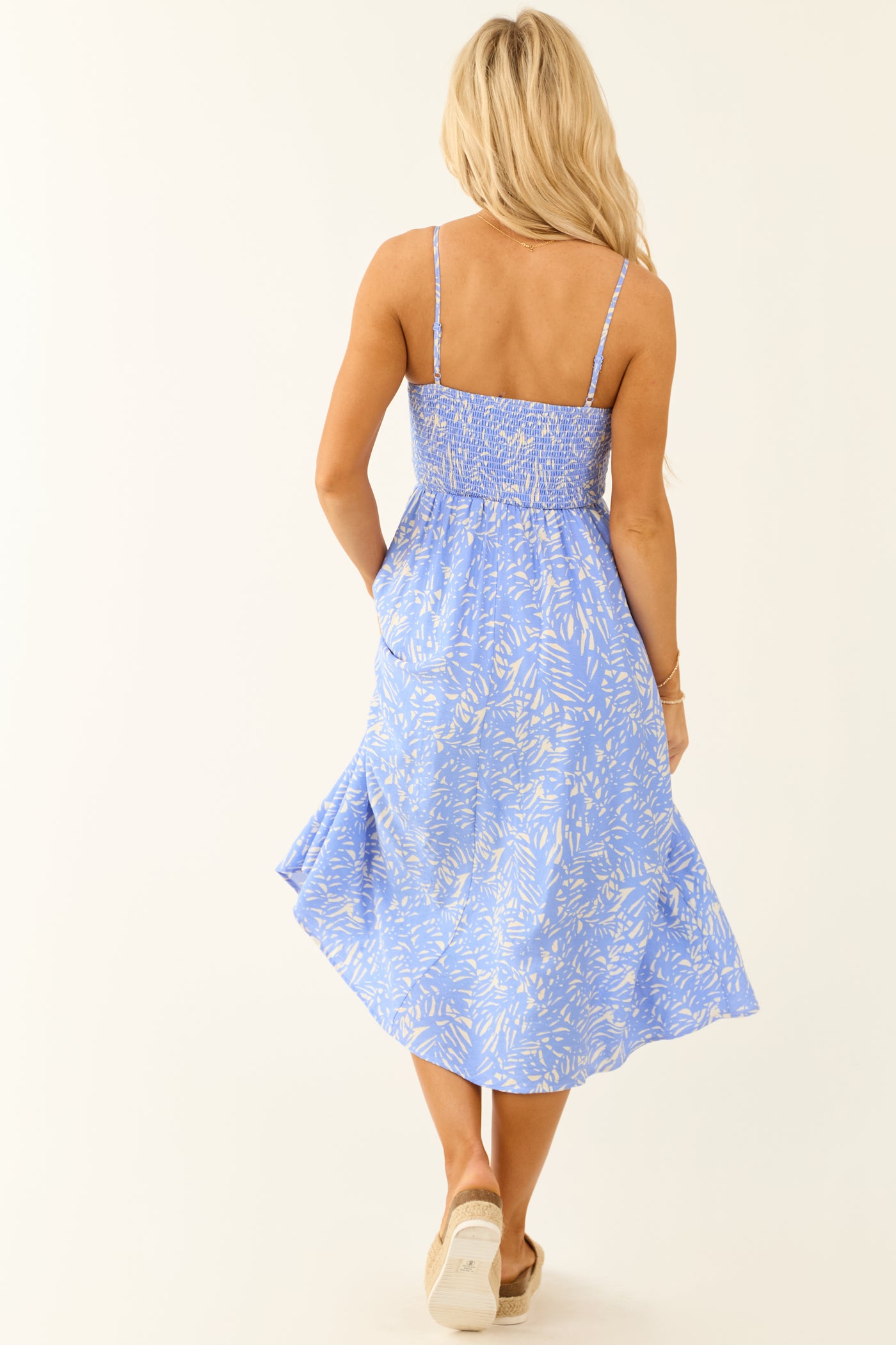 Cornflower Abstract Leaf Print Ruched Midi Dress