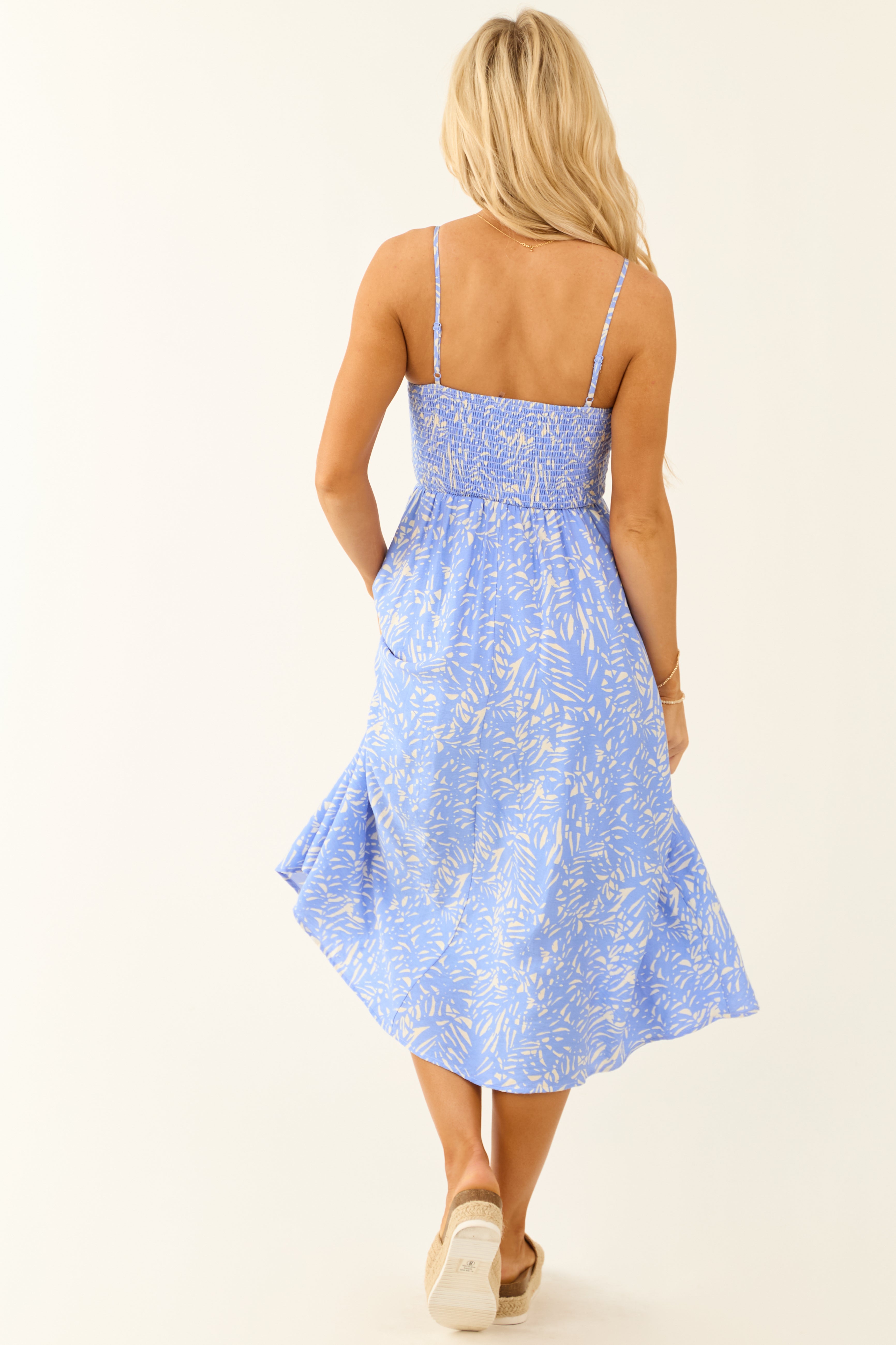 Cornflower Abstract Leaf Print Ruched Midi Dress