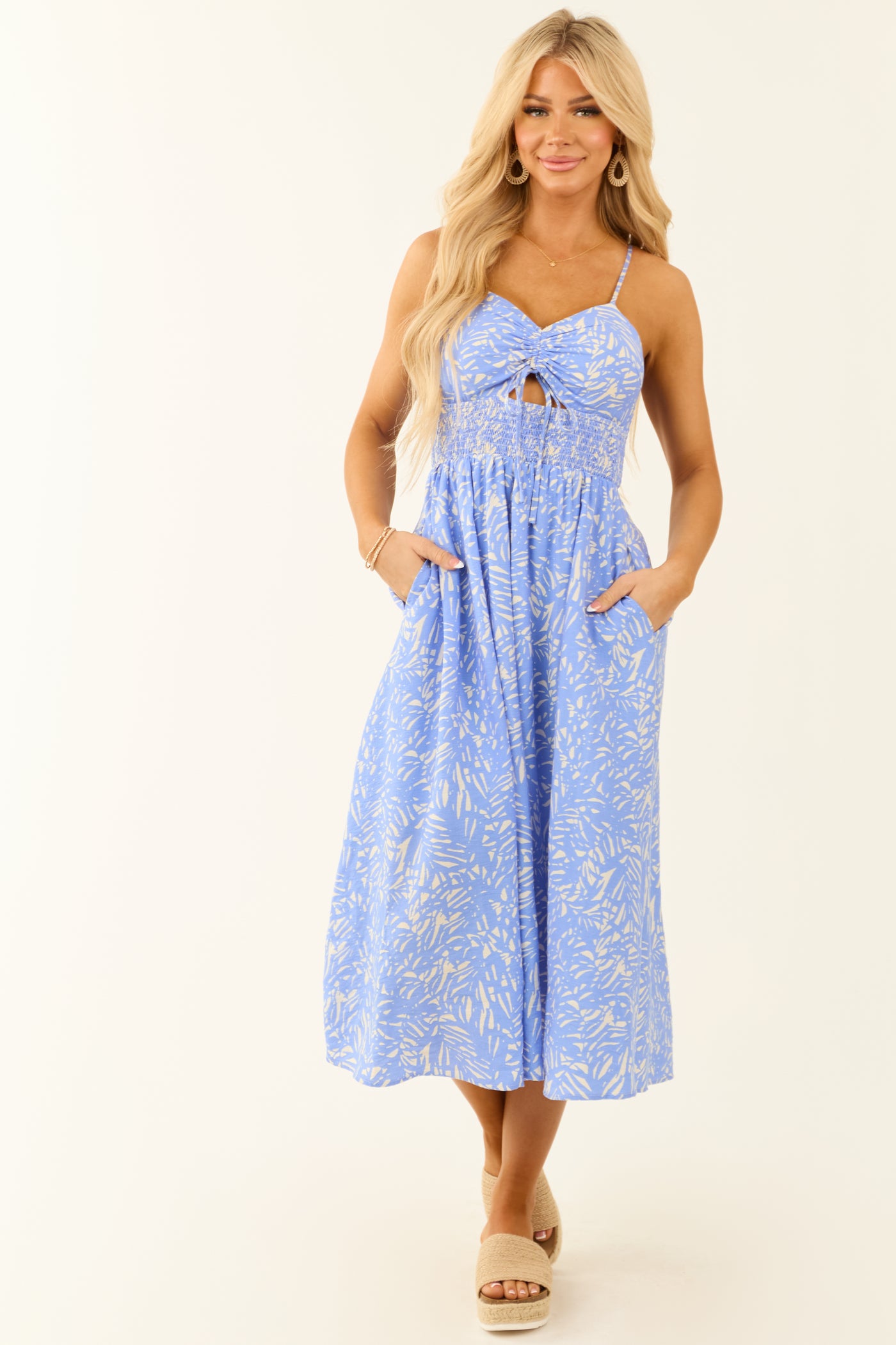 Cornflower Abstract Leaf Print Ruched Midi Dress