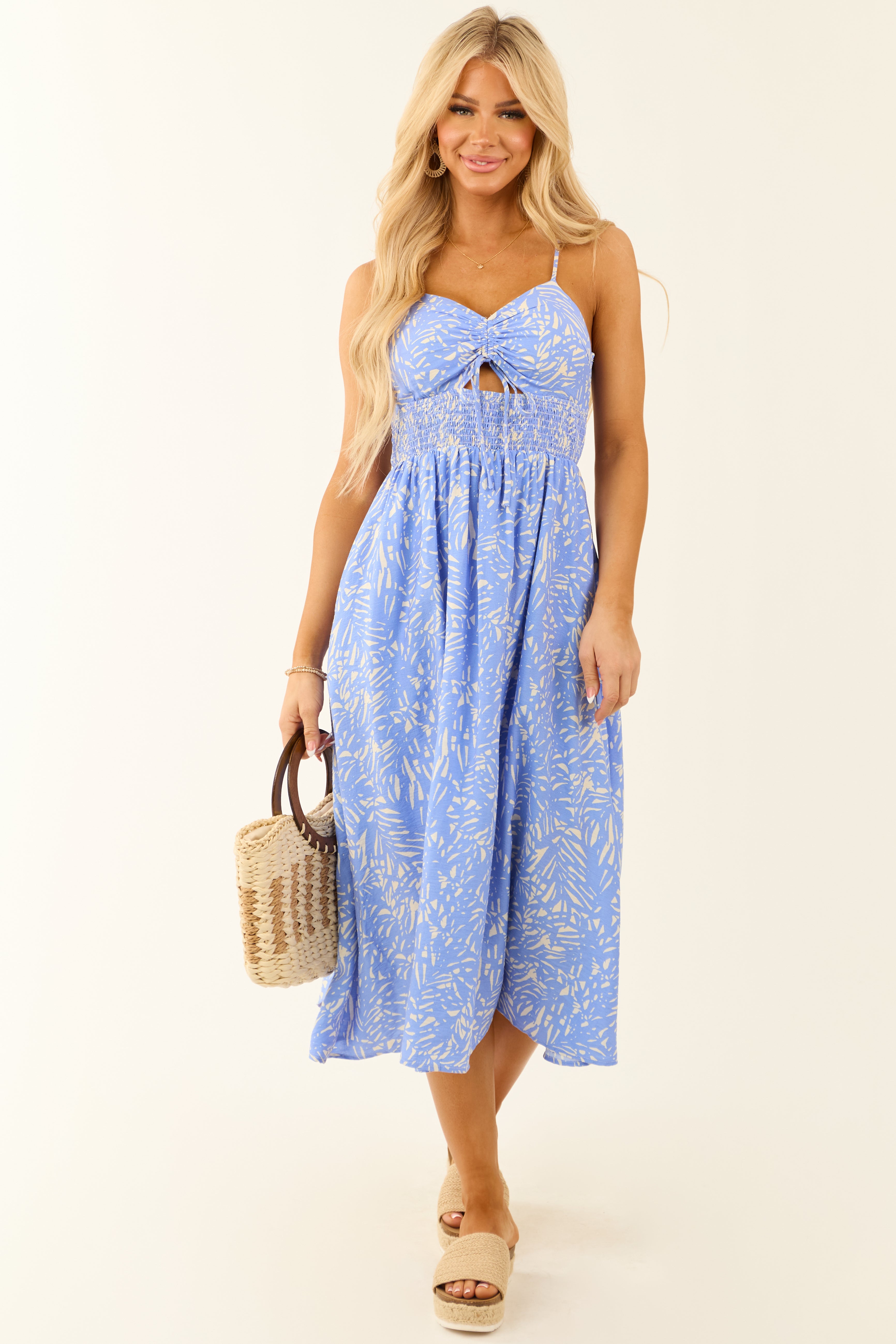 Cornflower Abstract Leaf Print Ruched Midi Dress