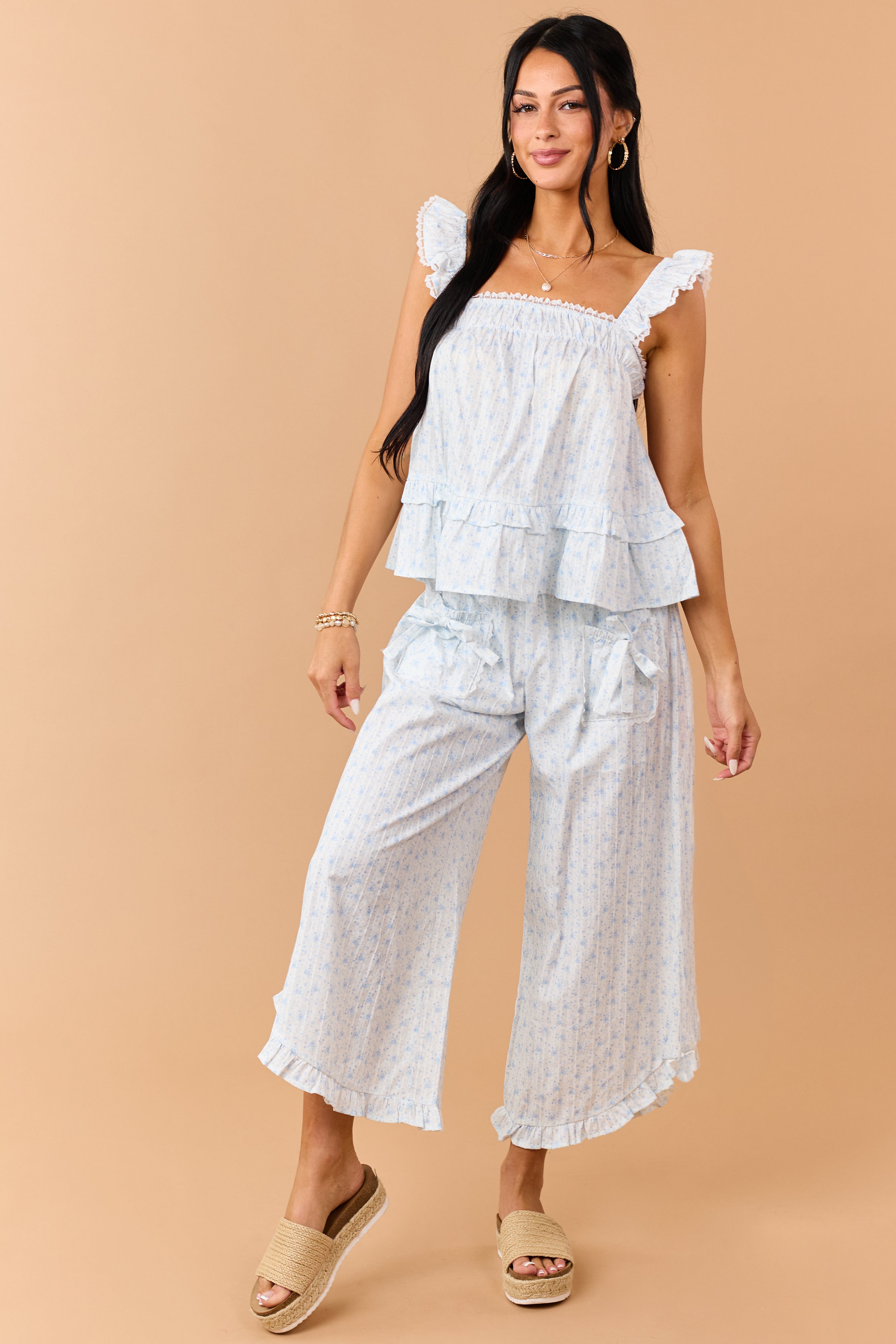 Cornflower Cotton Floral Tank Top and Pants Set