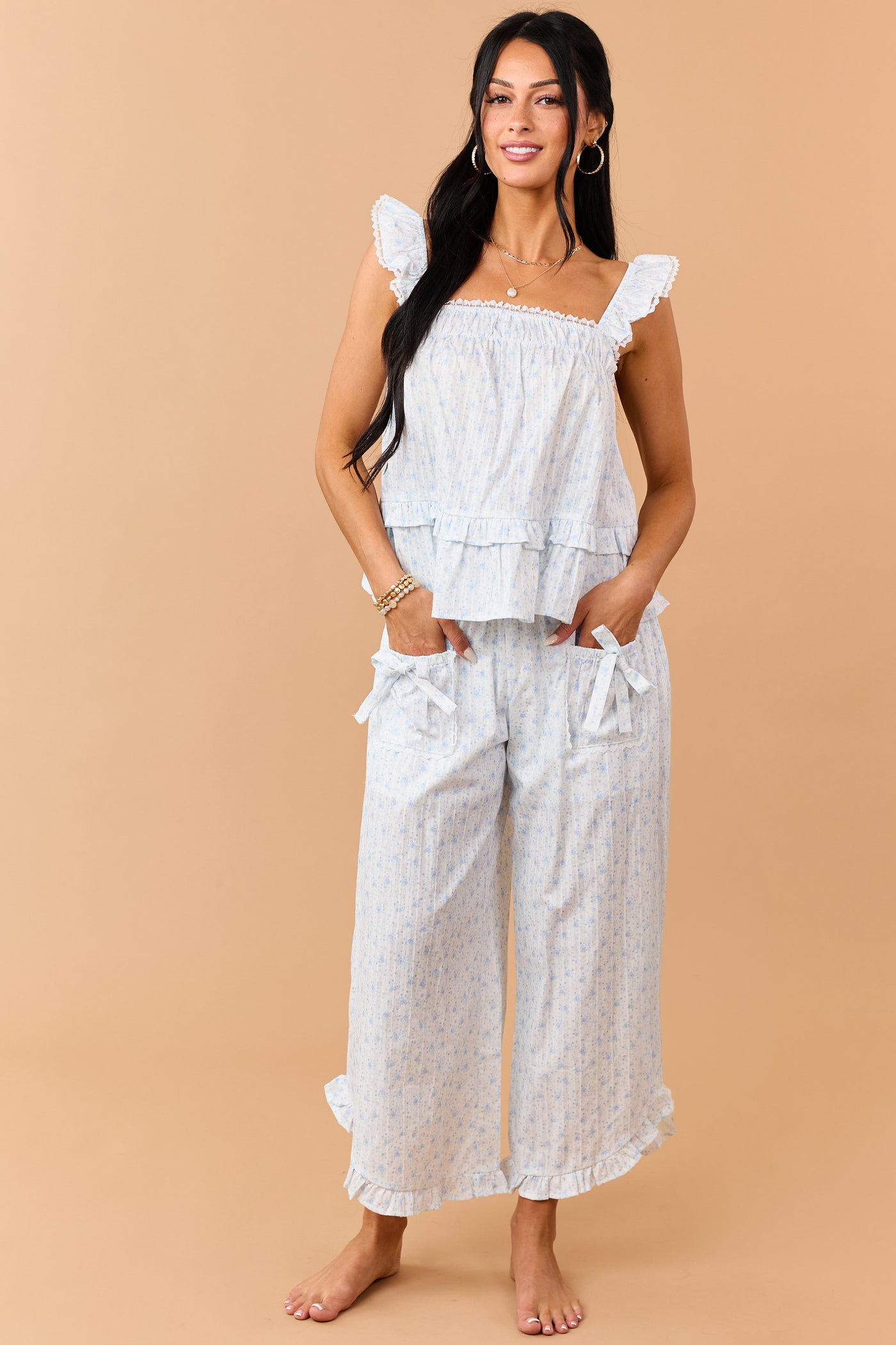 Cornflower Cotton Floral Tank Top and Pants Set