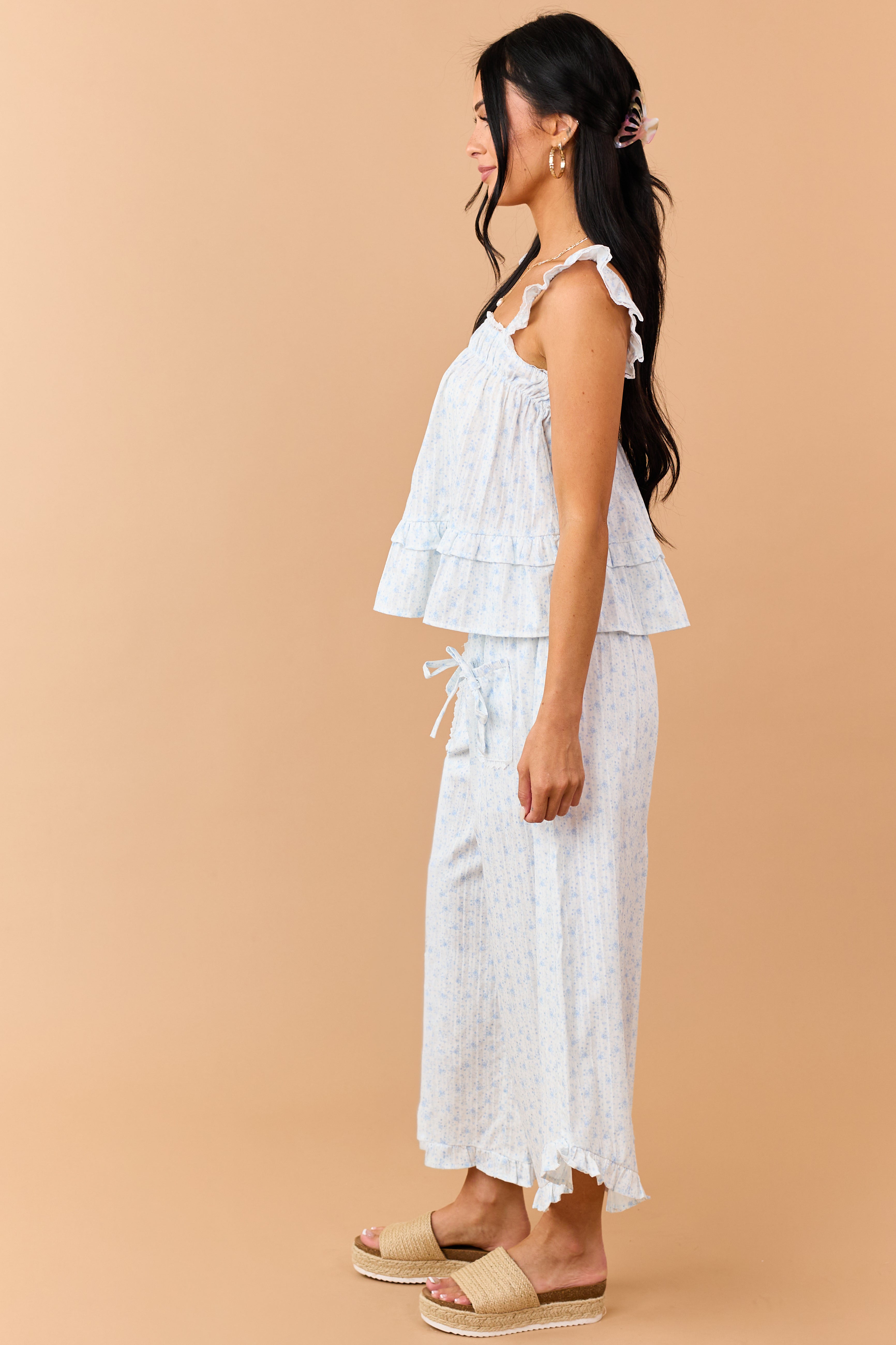 Cornflower Cotton Floral Tank Top and Pants Set