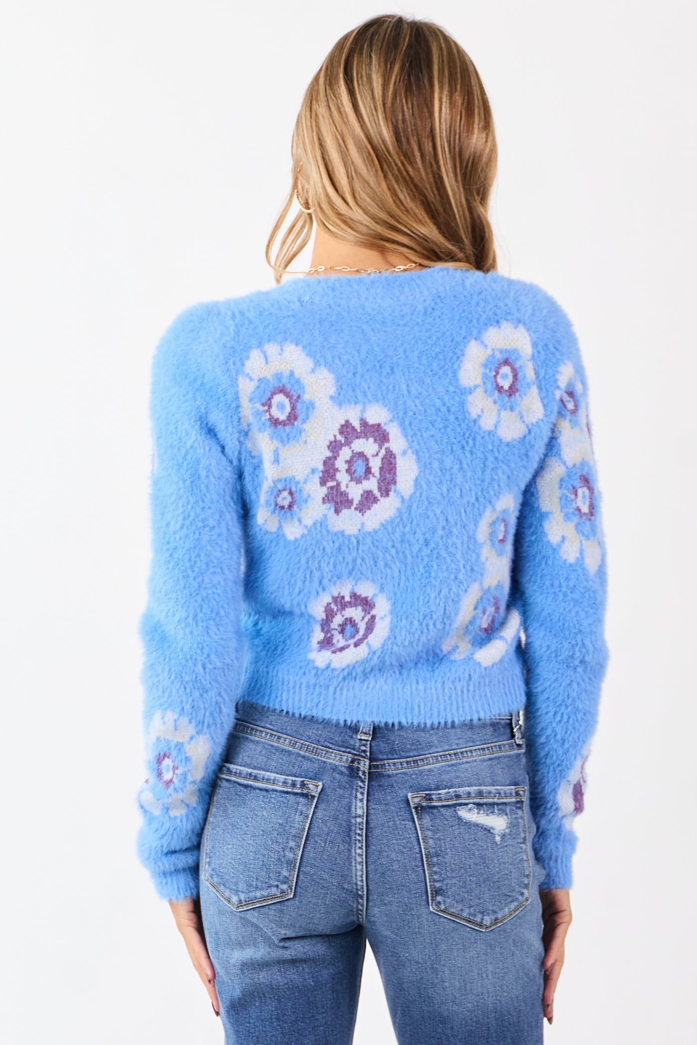 Cornflower Eyelash Knit Floral Pattern Sweater