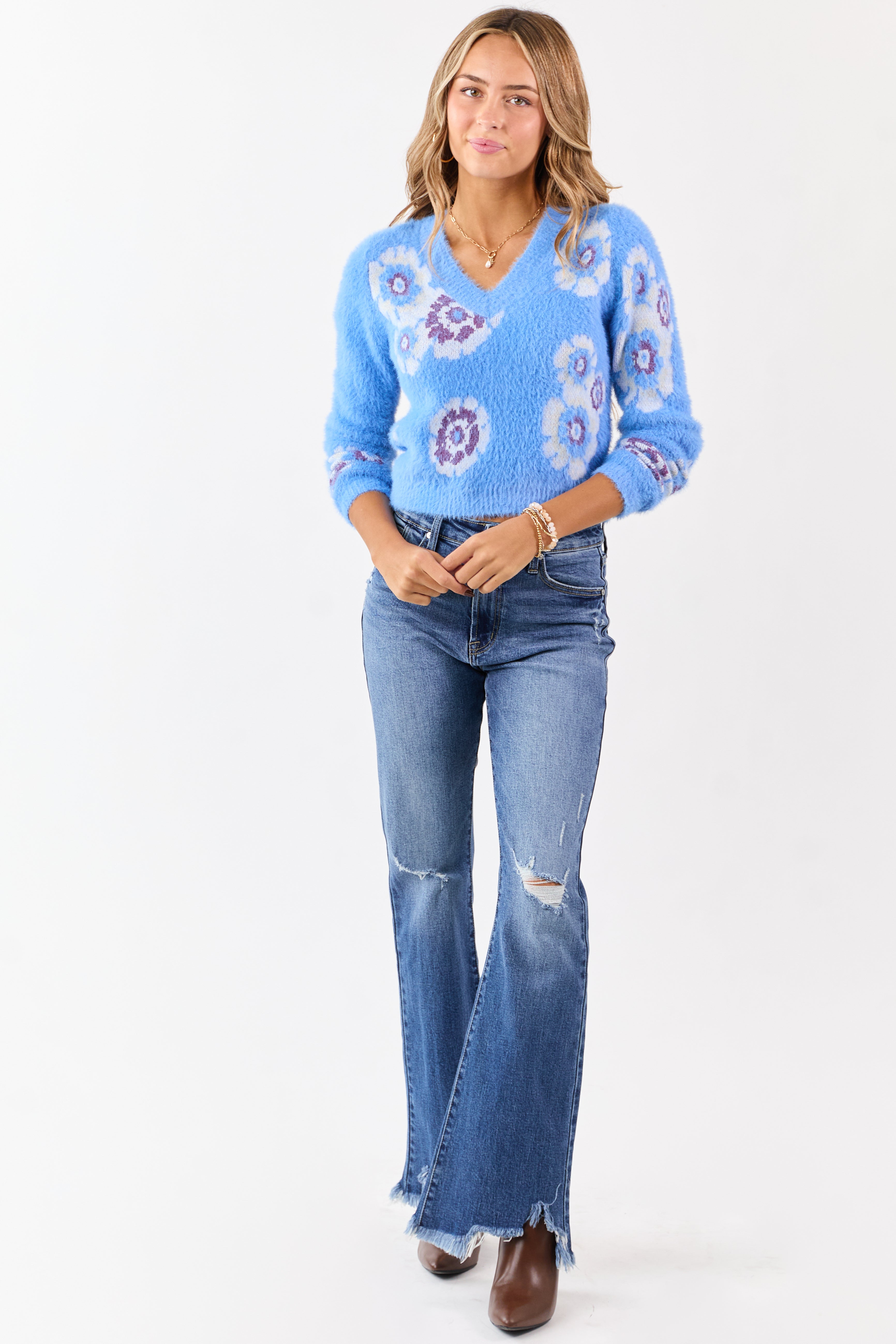 Cornflower Eyelash Knit Floral Pattern Sweater