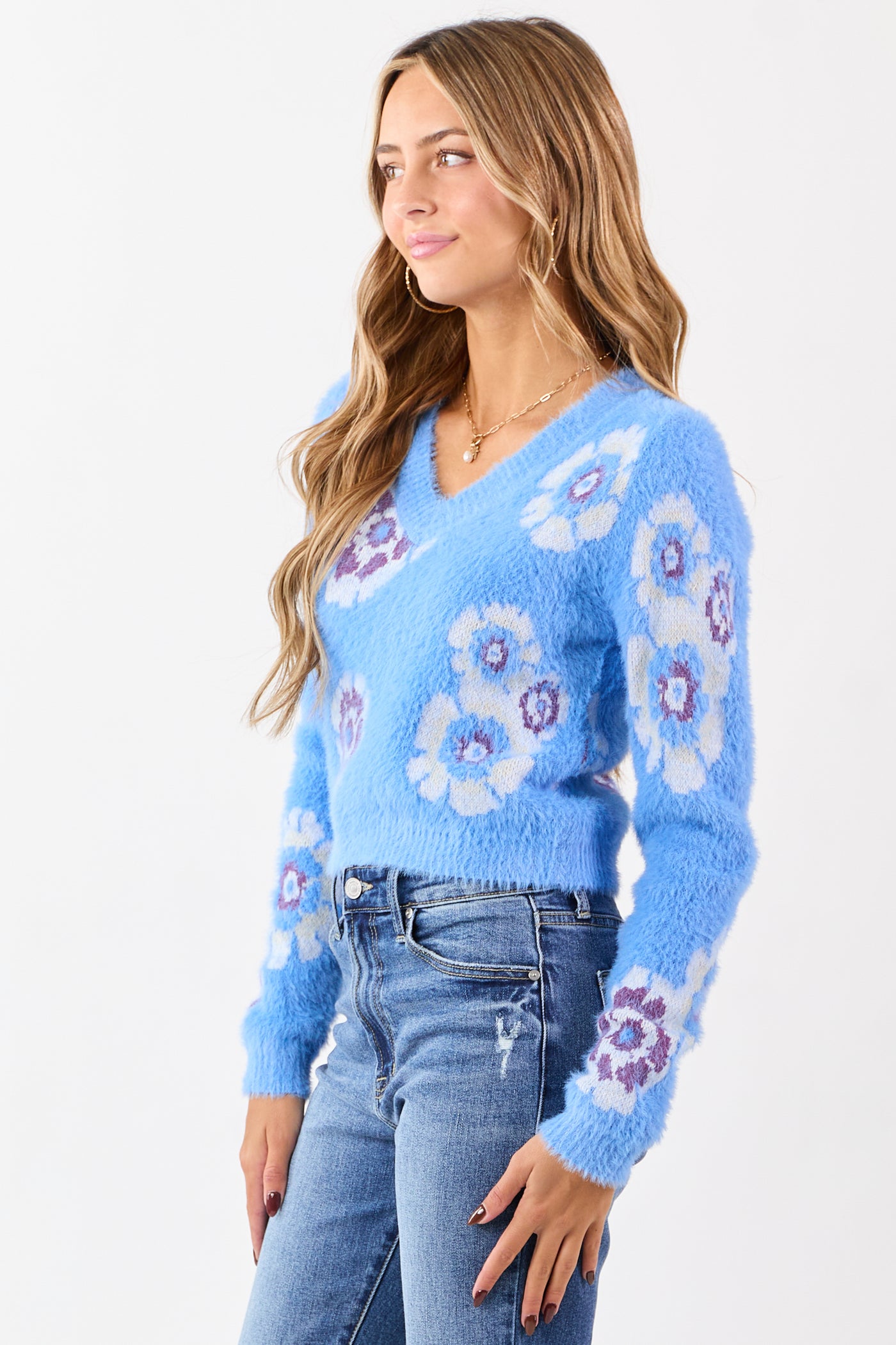 Cornflower Eyelash Knit Floral Pattern Sweater