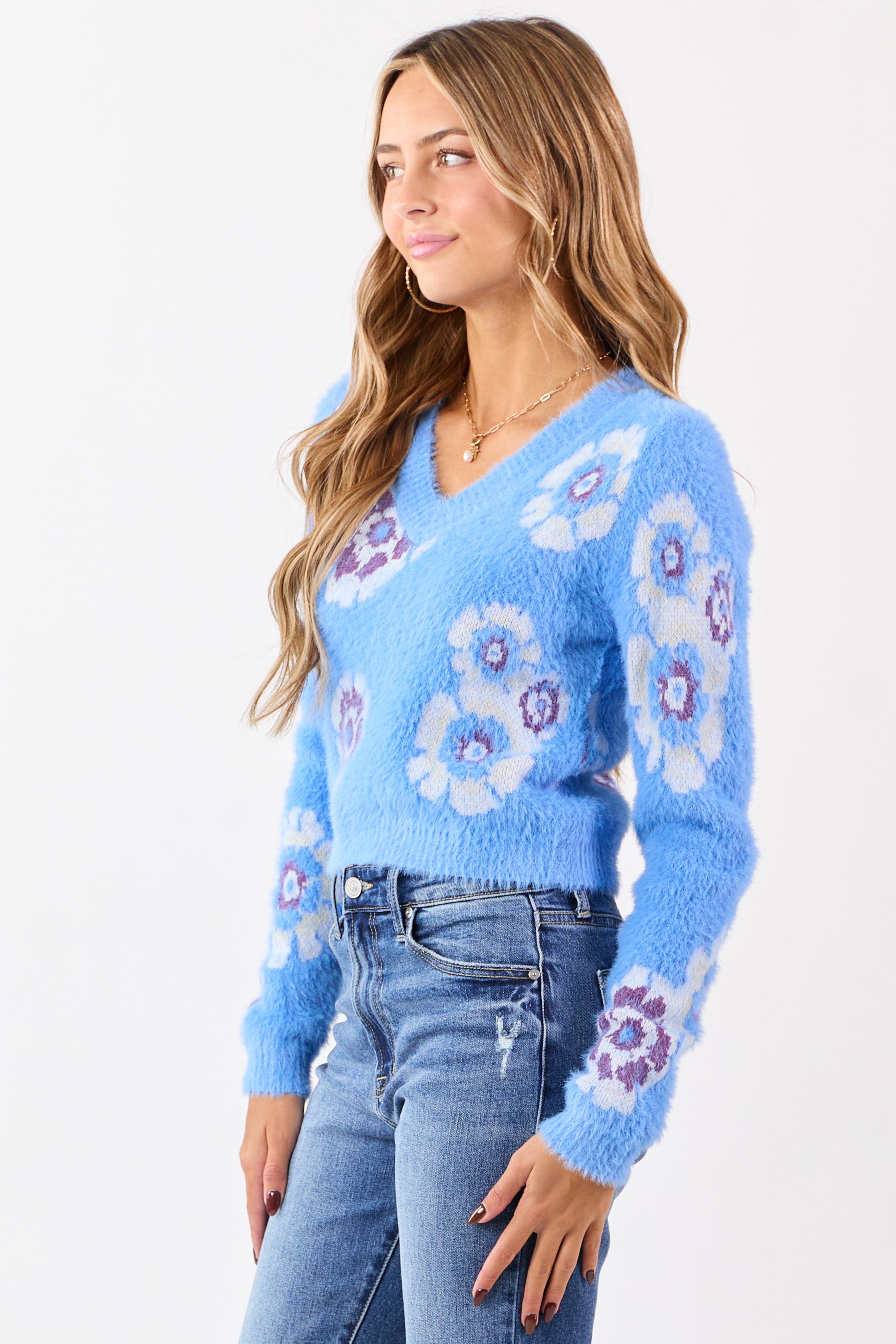 Cornflower Eyelash Knit Floral Pattern Sweater