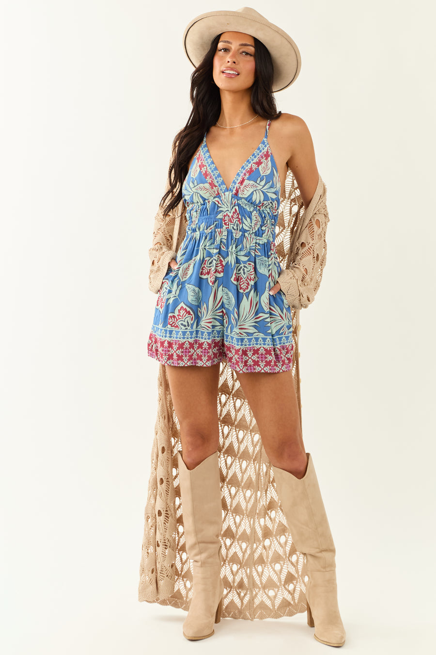 Cornflower Floral Print Sleeveless Flowy Romper