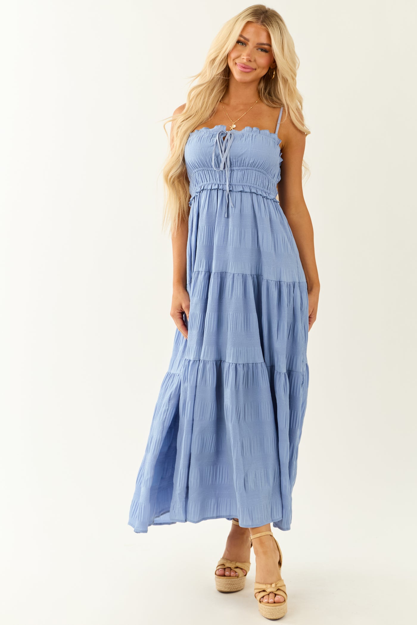 Cornflower Sleeveless Tiered Textured Maxi Dress