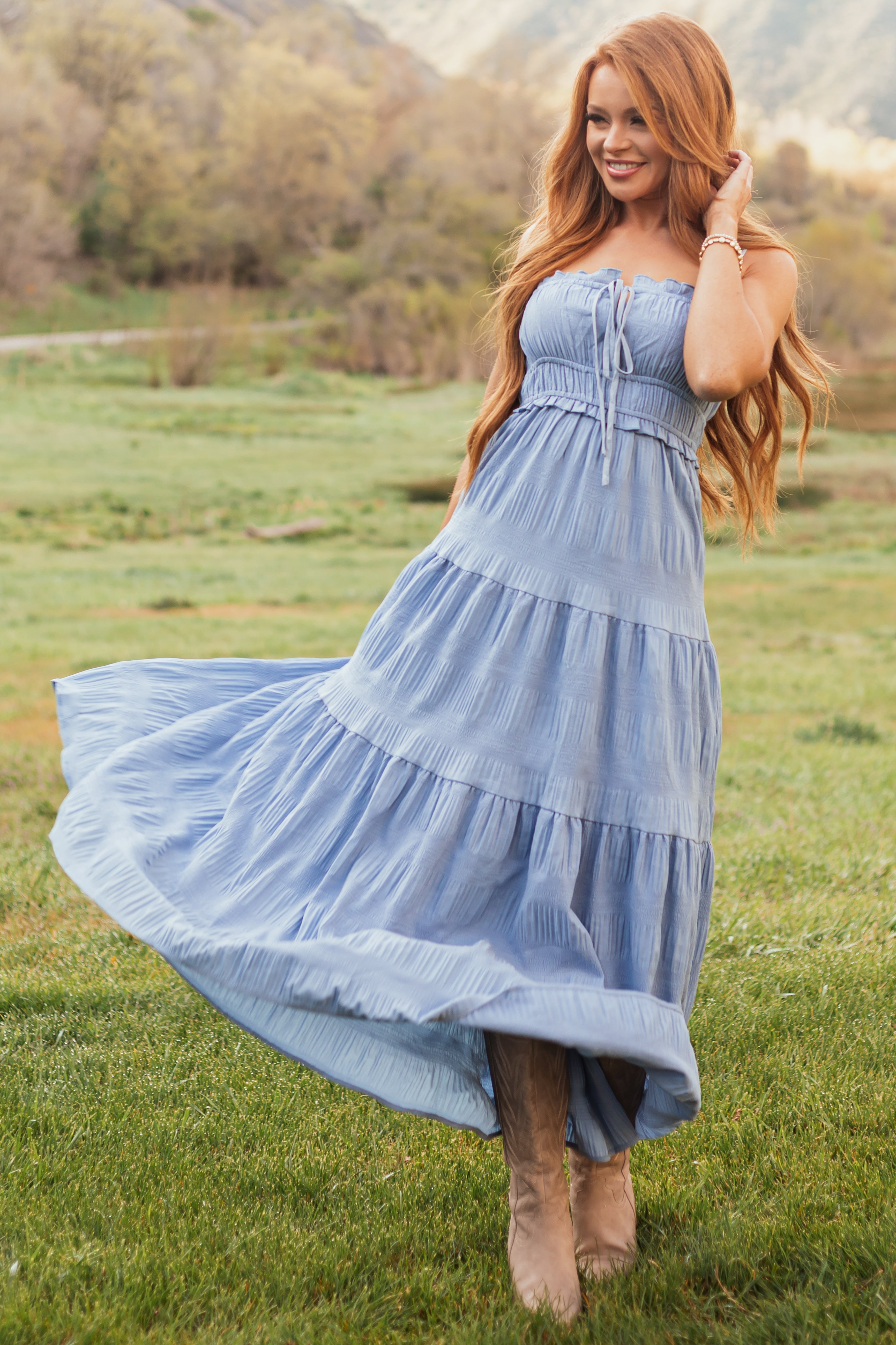 Cornflower Sleeveless Tiered Textured Maxi Dress