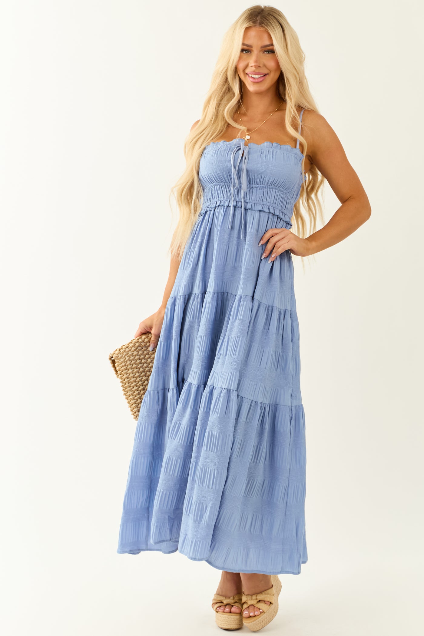 Cornflower Sleeveless Tiered Textured Maxi Dress