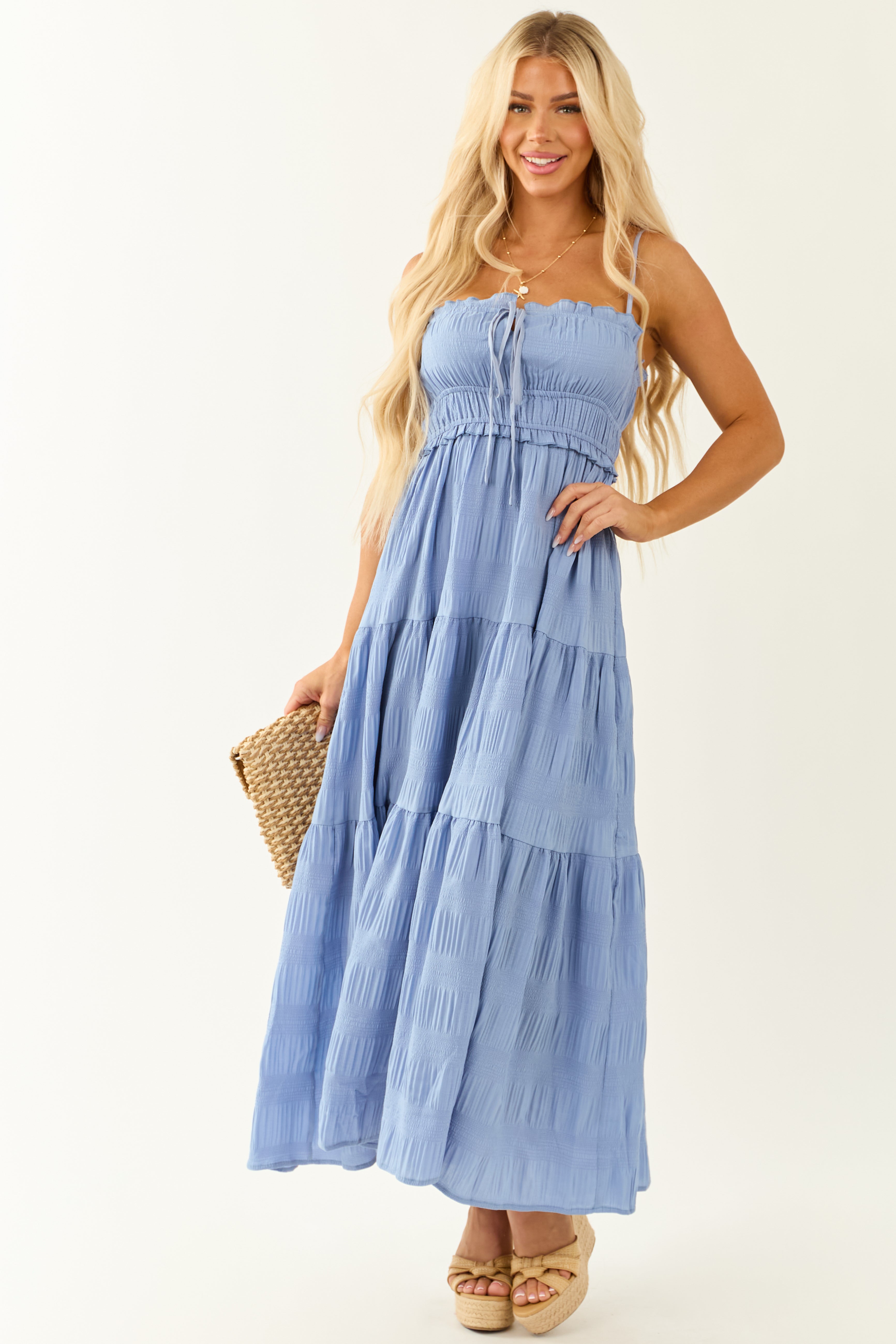 Cornflower Sleeveless Tiered Textured Maxi Dress