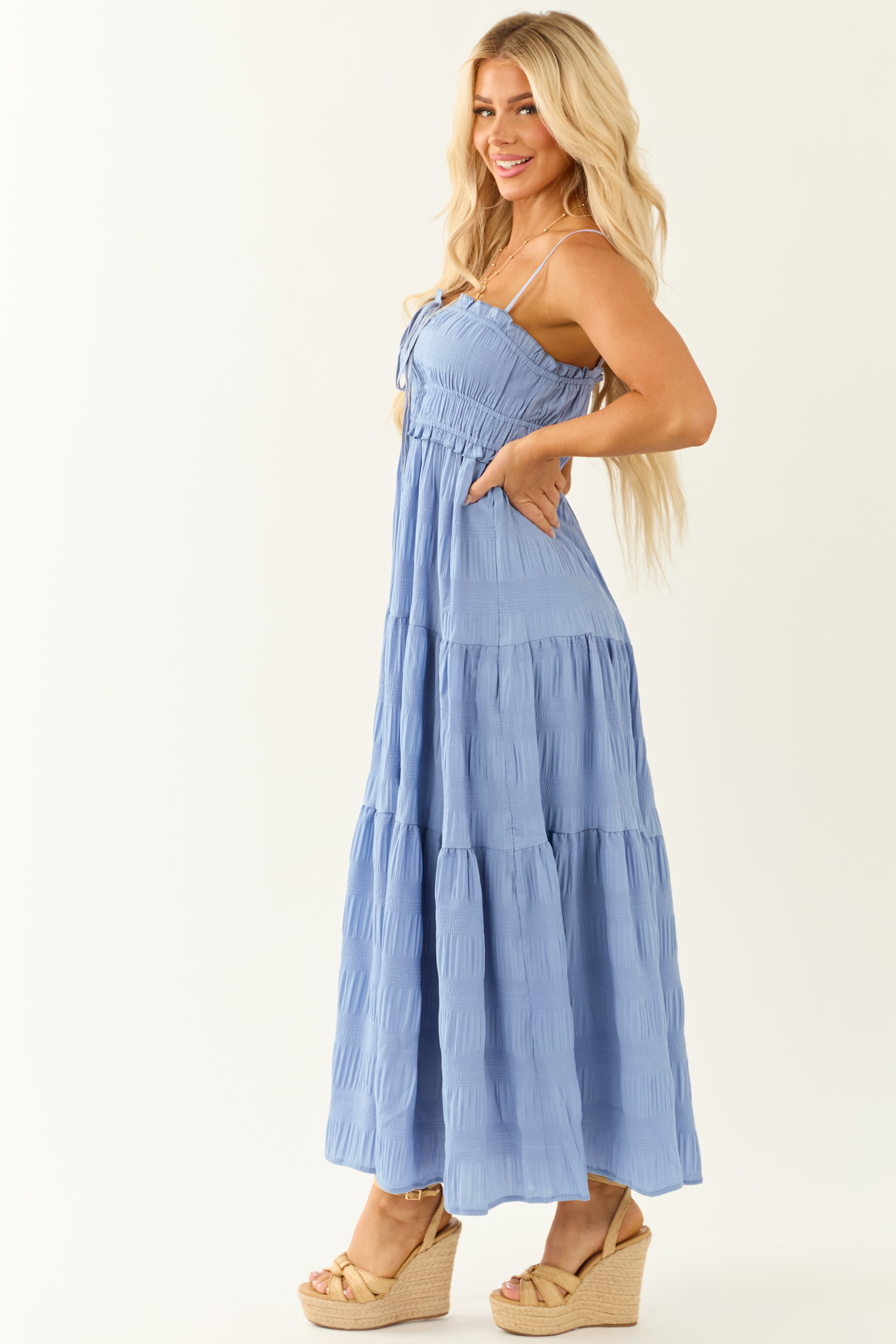 Cornflower Sleeveless Tiered Textured Maxi Dress