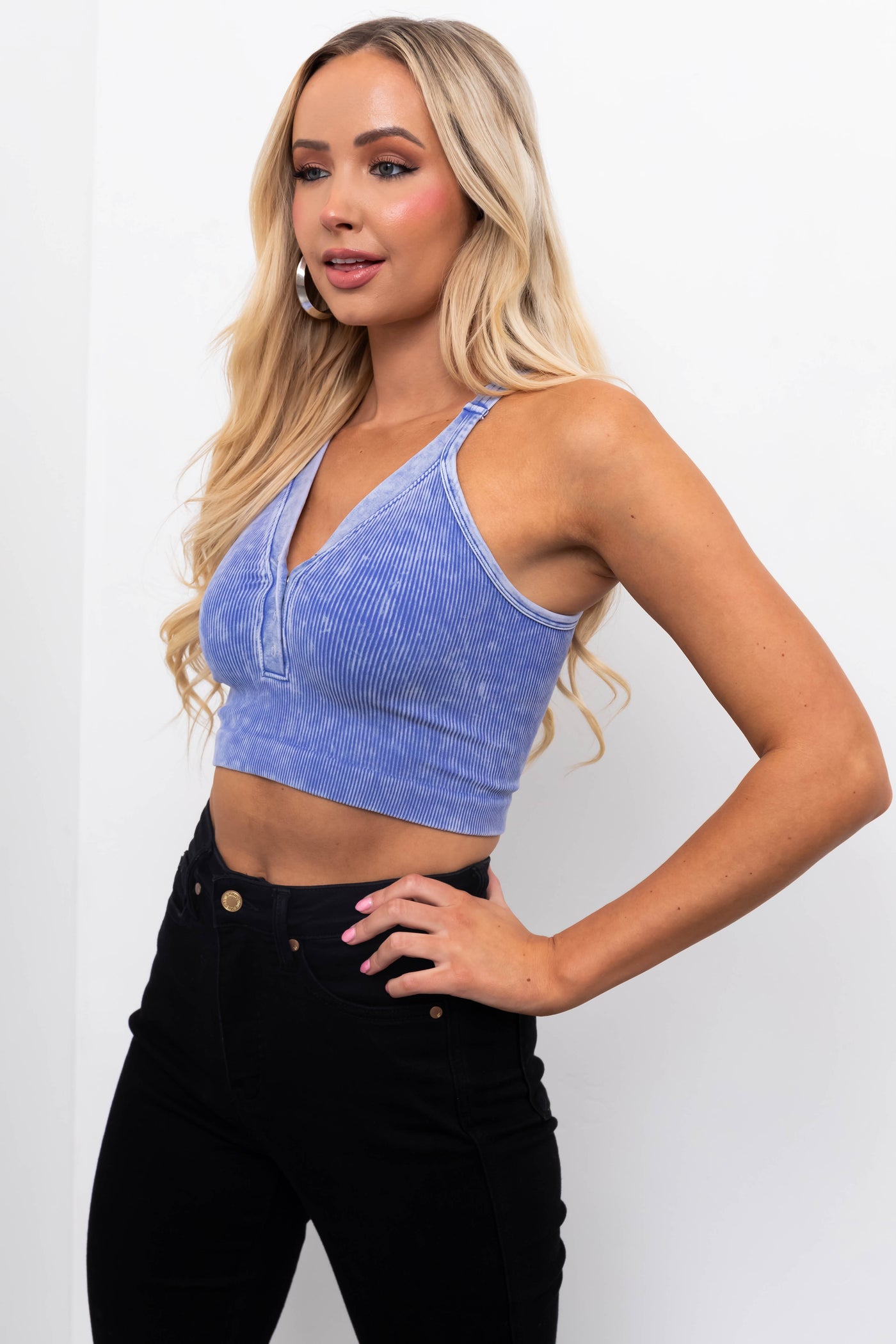 Cornflower Sleeveless Washed Ribbed Crop Top