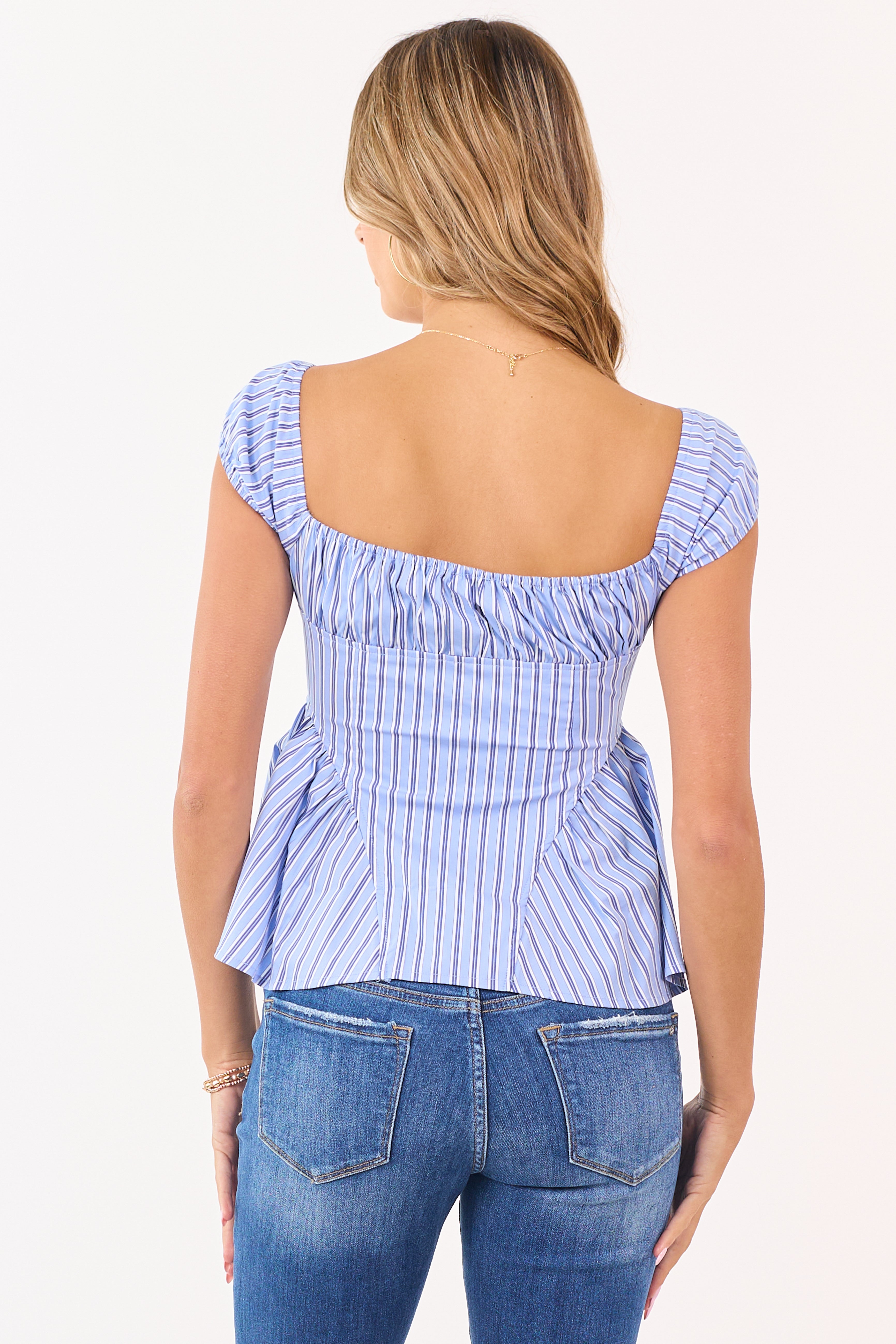 Cornflower Stripe Puff Sleeve Hook and Eye Clasp Top